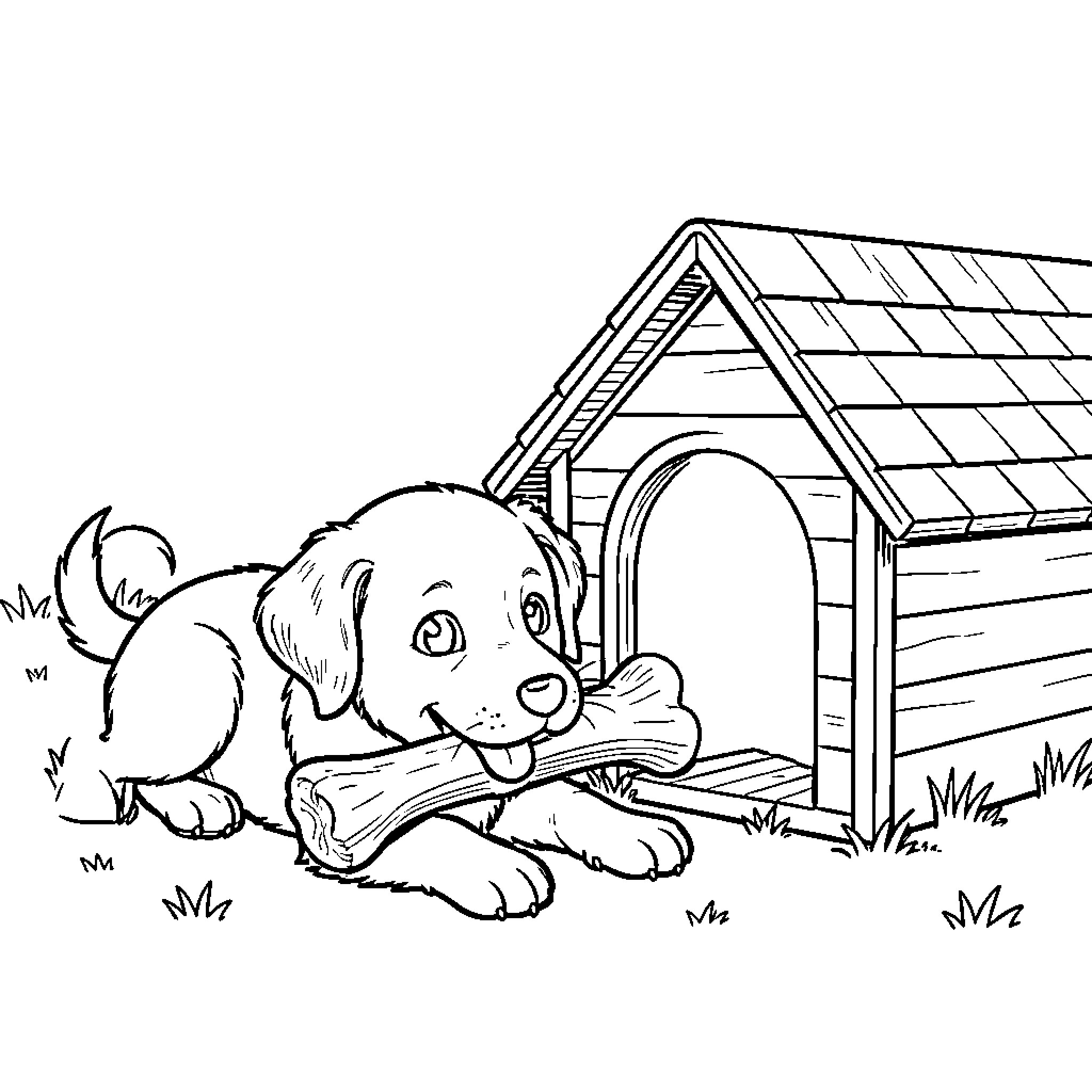 Puppy lying down while chewing a large bone Coloring Page (free black-and-white line drawing printable PDF for all, from beginners to advanced learners, including children, teens, adults, and seniors)