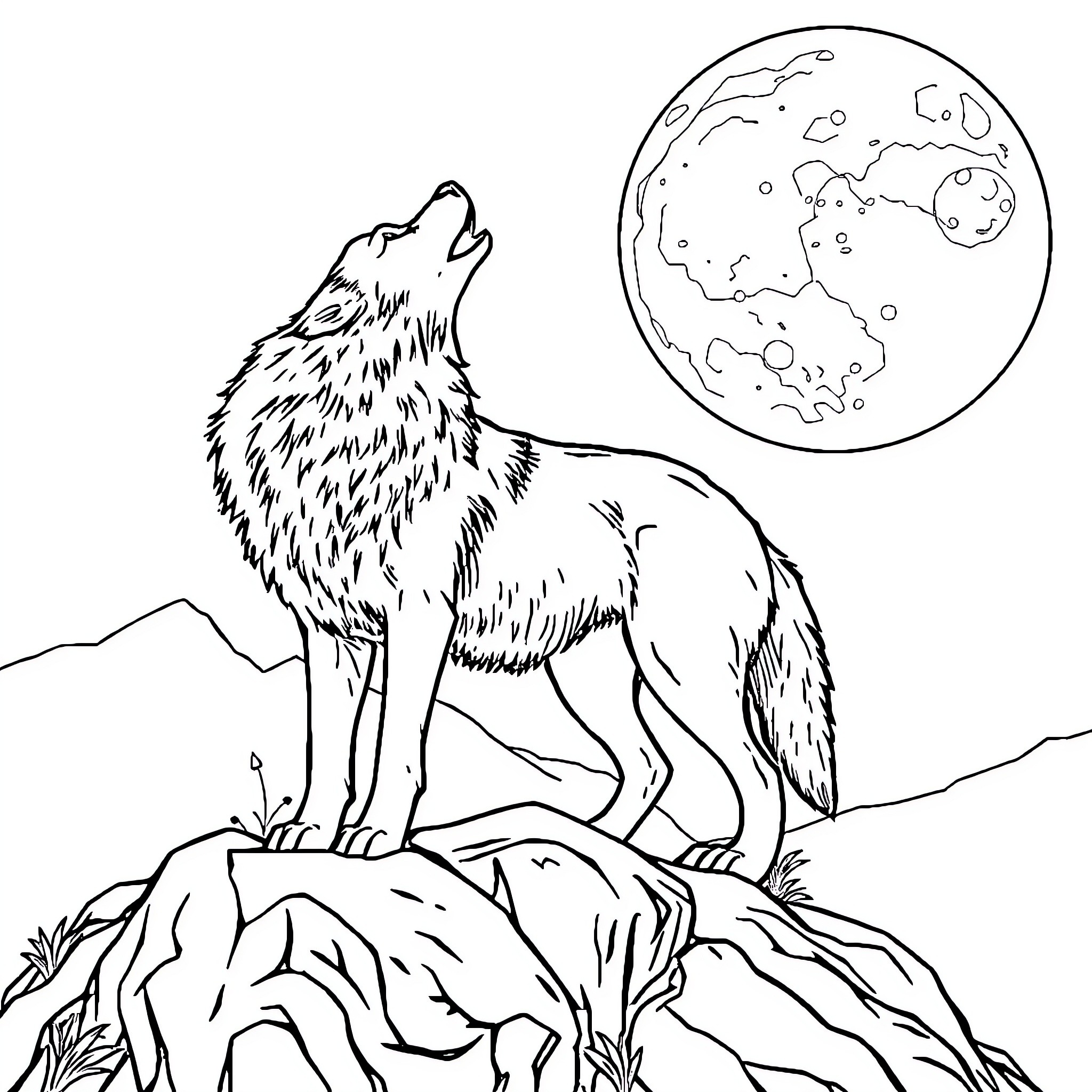 Wolf howling at the full moon Coloring Page (free black-and-white line drawing printable PDF for all, from beginners to advanced learners, including children, teens, adults, and seniors)