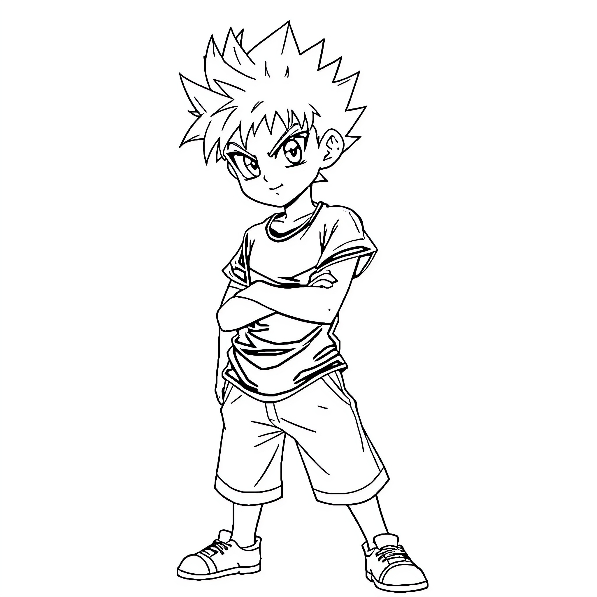Killua standing with crossed arms Coloring Page (free black-and-white line drawing printable PDF for all, from beginners to advanced learners, including children, teens, adults, and seniors)