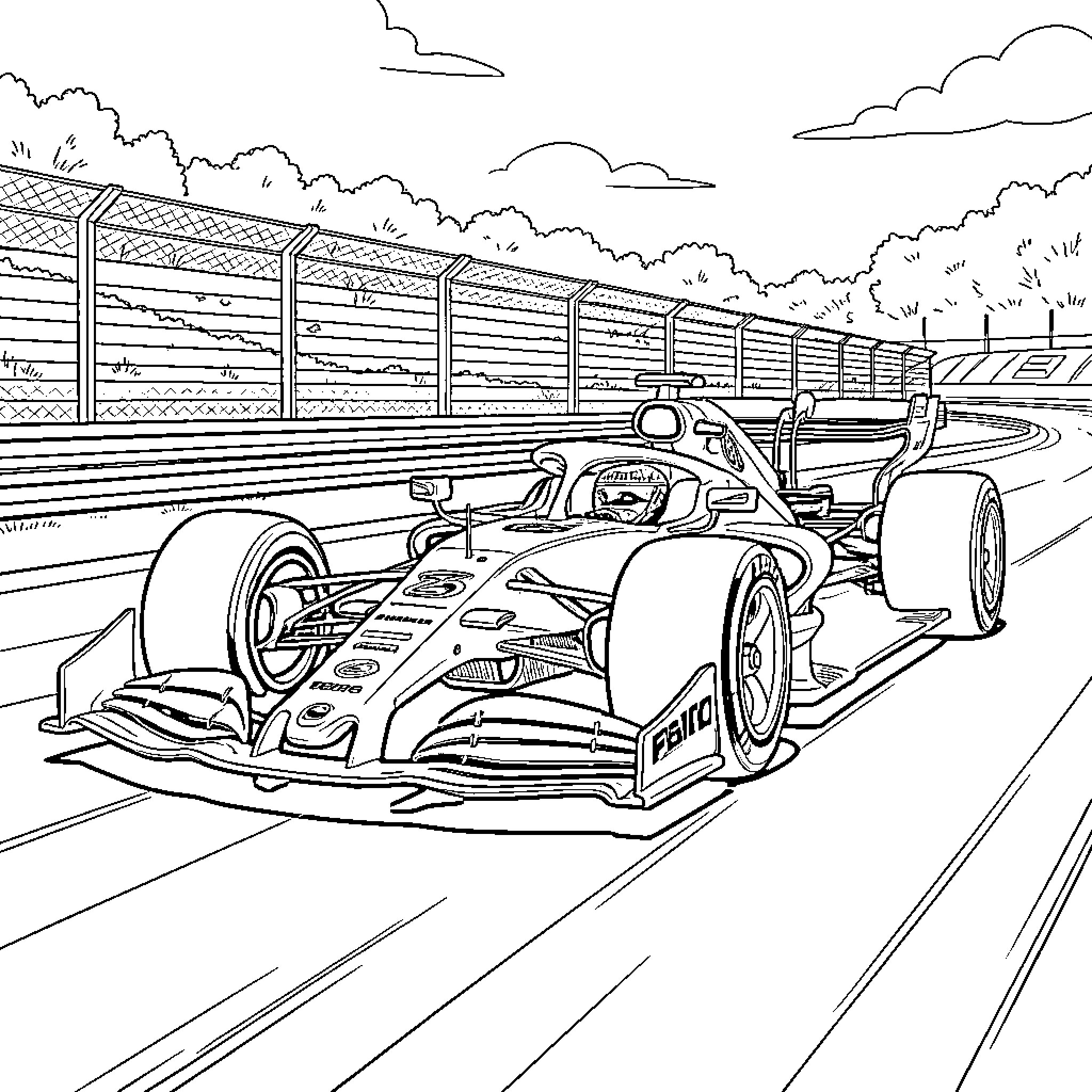 F1 McLaren racing fast on a professional track Coloring Page (free black-and-white line drawing printable PDF for all, from beginners to advanced learners, including children, teens, adults, and seniors)