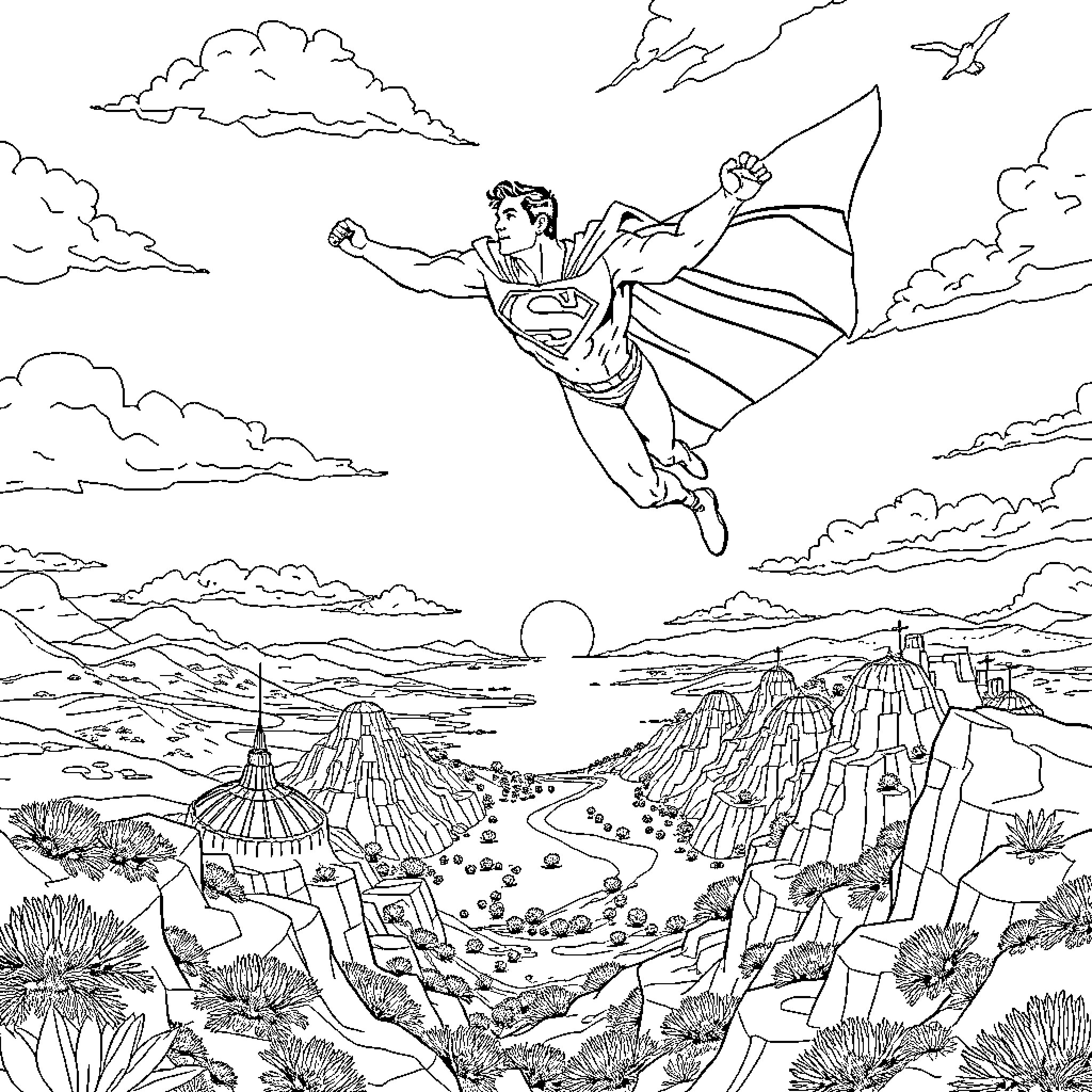 Superman soaring through the sky over a scenic landscape Coloring Page (free black-and-white line drawing printable PDF for all, from beginners to advanced learners, including children, teens, adults, and seniors)