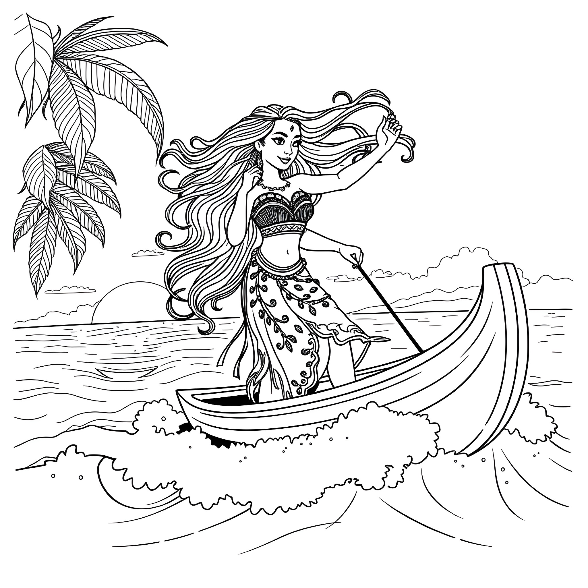 Moana paddling a boat in a tropical setting Coloring Page (free black-and-white line drawing printable PDF for all, from beginners to advanced learners, including children, teens, adults, and seniors)