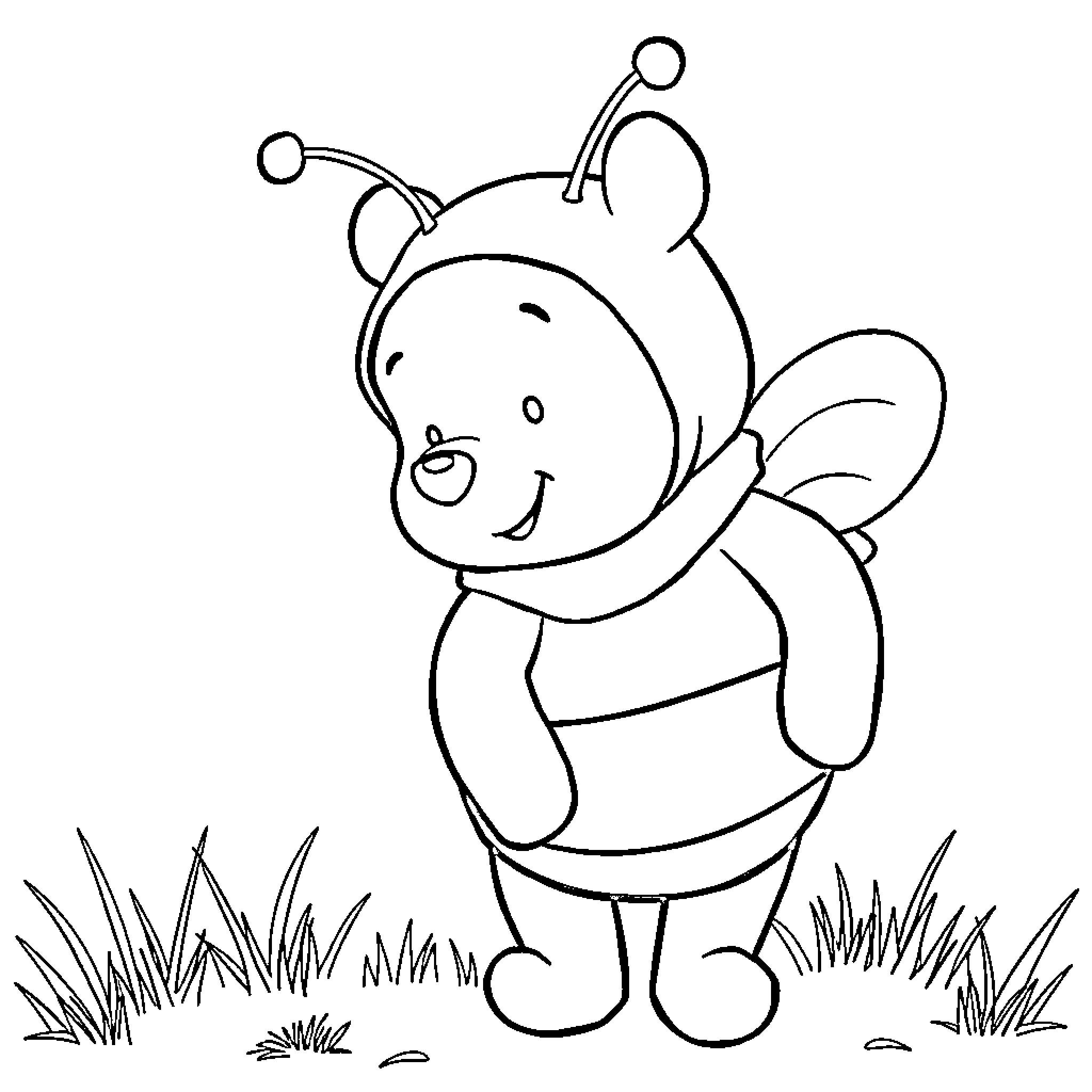 Winnie The Pooh as a cheerful bee in the meadow Coloring Page (free black-and-white line drawing printable PDF for all, from beginners to advanced learners, including children, teens, adults, and seniors)