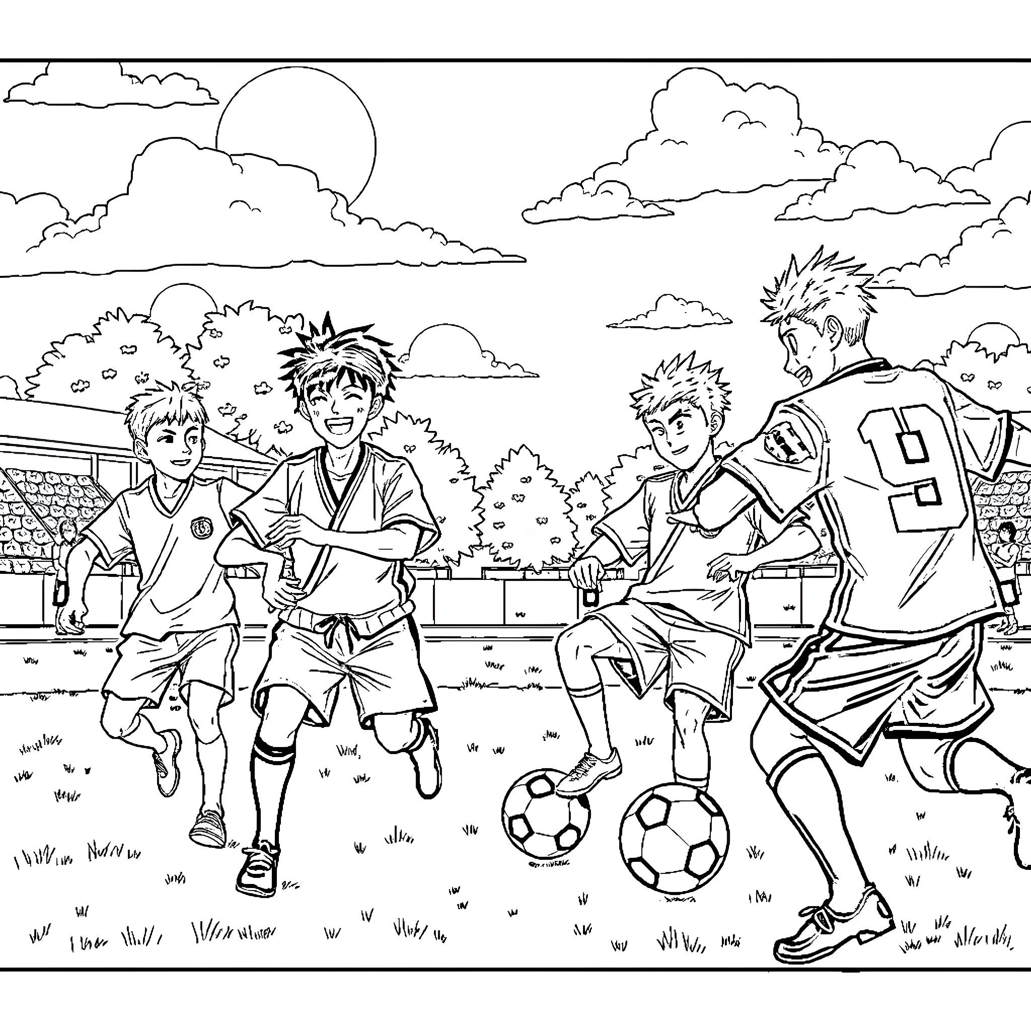 Jujitsu Kaisen Characters Playing Soccer in Outdoor Field Coloring Page (free black-and-white line drawing printable PDF for all, from beginners to advanced learners, including children, teens, adults, and seniors)