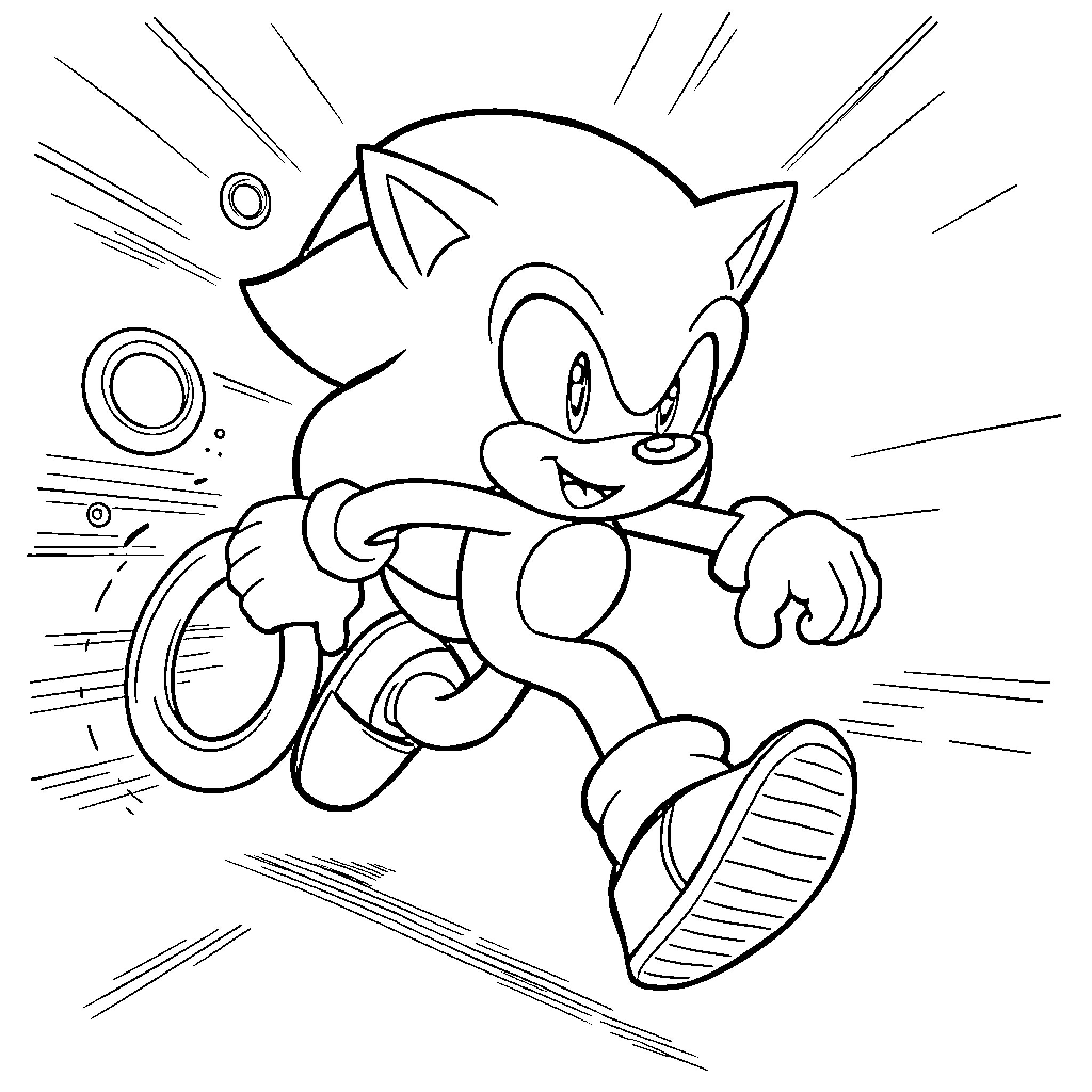 Sonic the Hedgehog running with determination Coloring Page (free black-and-white line drawing printable PDF for all, from beginners to advanced learners, including children, teens, adults, and seniors)