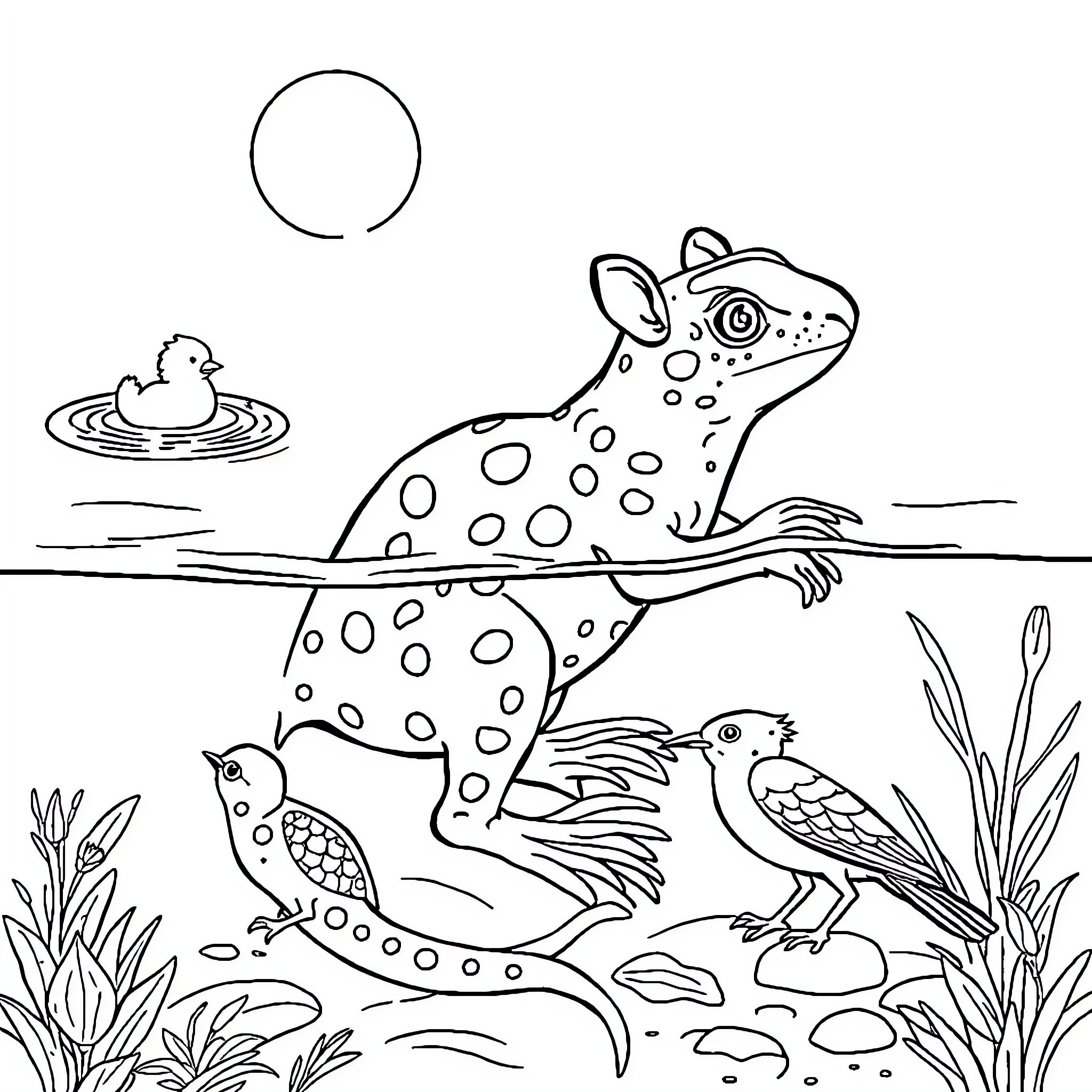 Rana's Aquatic Adventure with Avian Friends Coloring Page (free black-and-white line drawing printable PDF for all, from beginners to advanced learners, including children, teens, adults, and seniors)