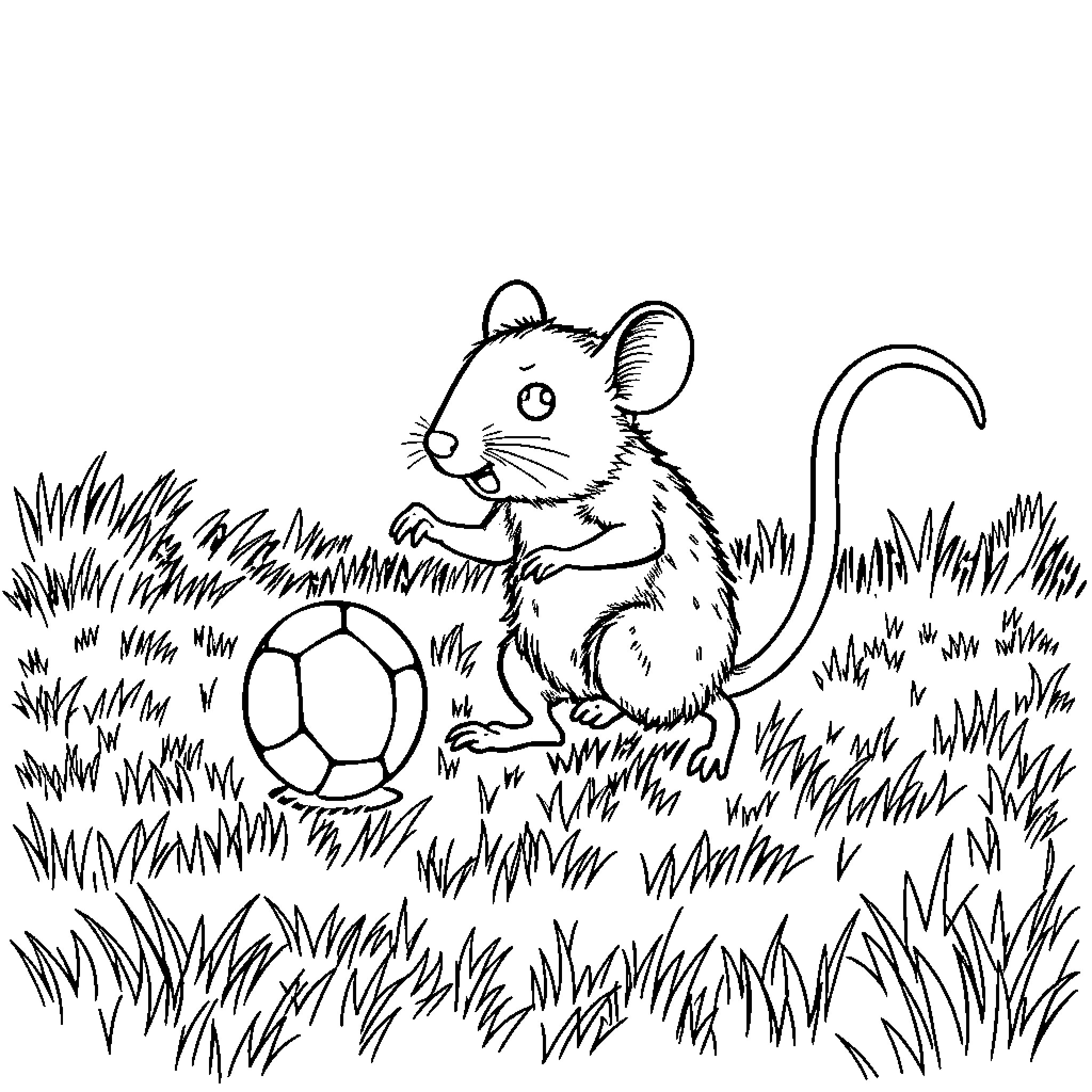 Rat playing with a ball in the grass Coloring Page (free black-and-white line drawing printable PDF for all, from beginners to advanced learners, including children, teens, adults, and seniors)
