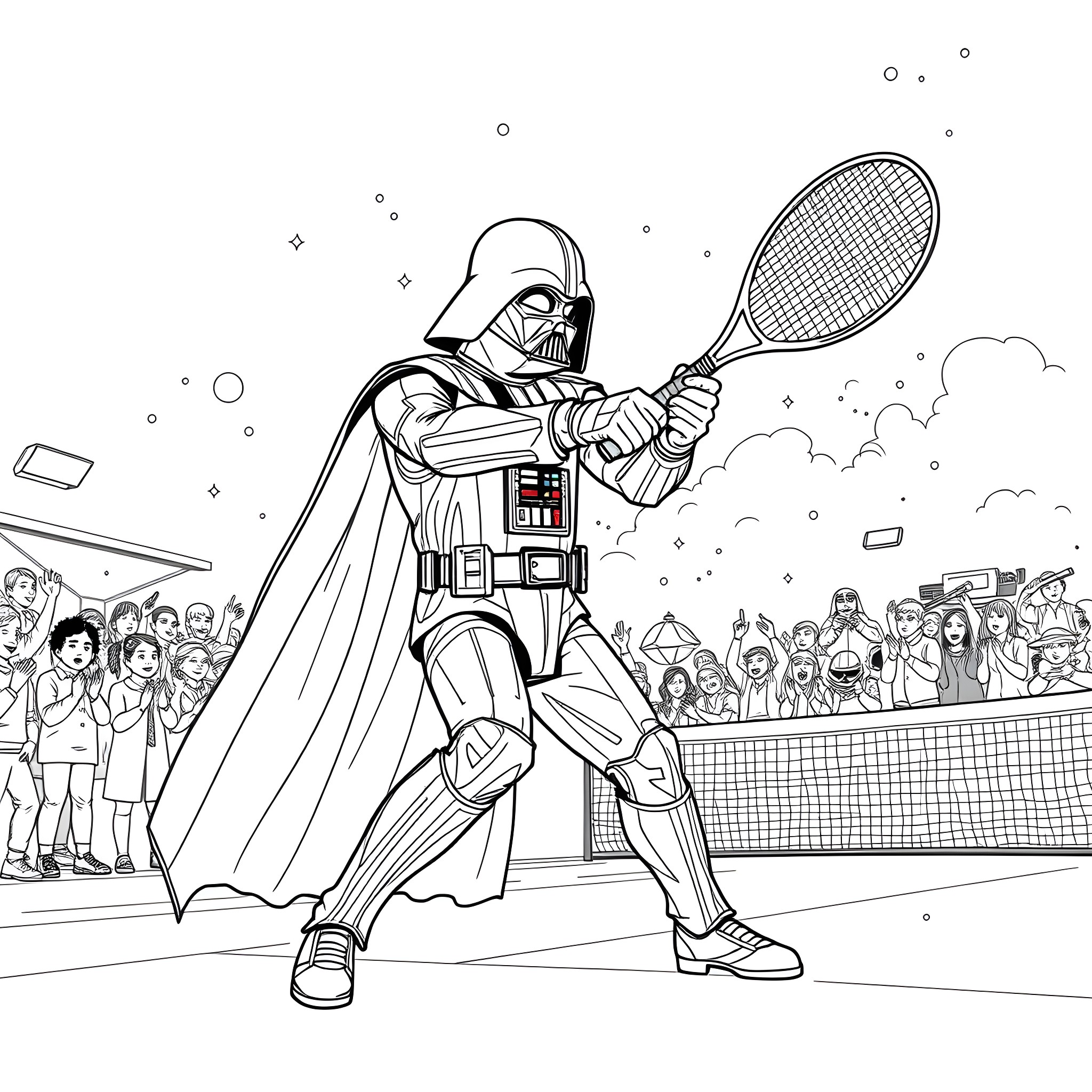 Darth Vader playing tennis with crowd Coloring Page (free black-and-white line drawing printable PDF for all, from beginners to advanced learners, including children, teens, adults, and seniors)