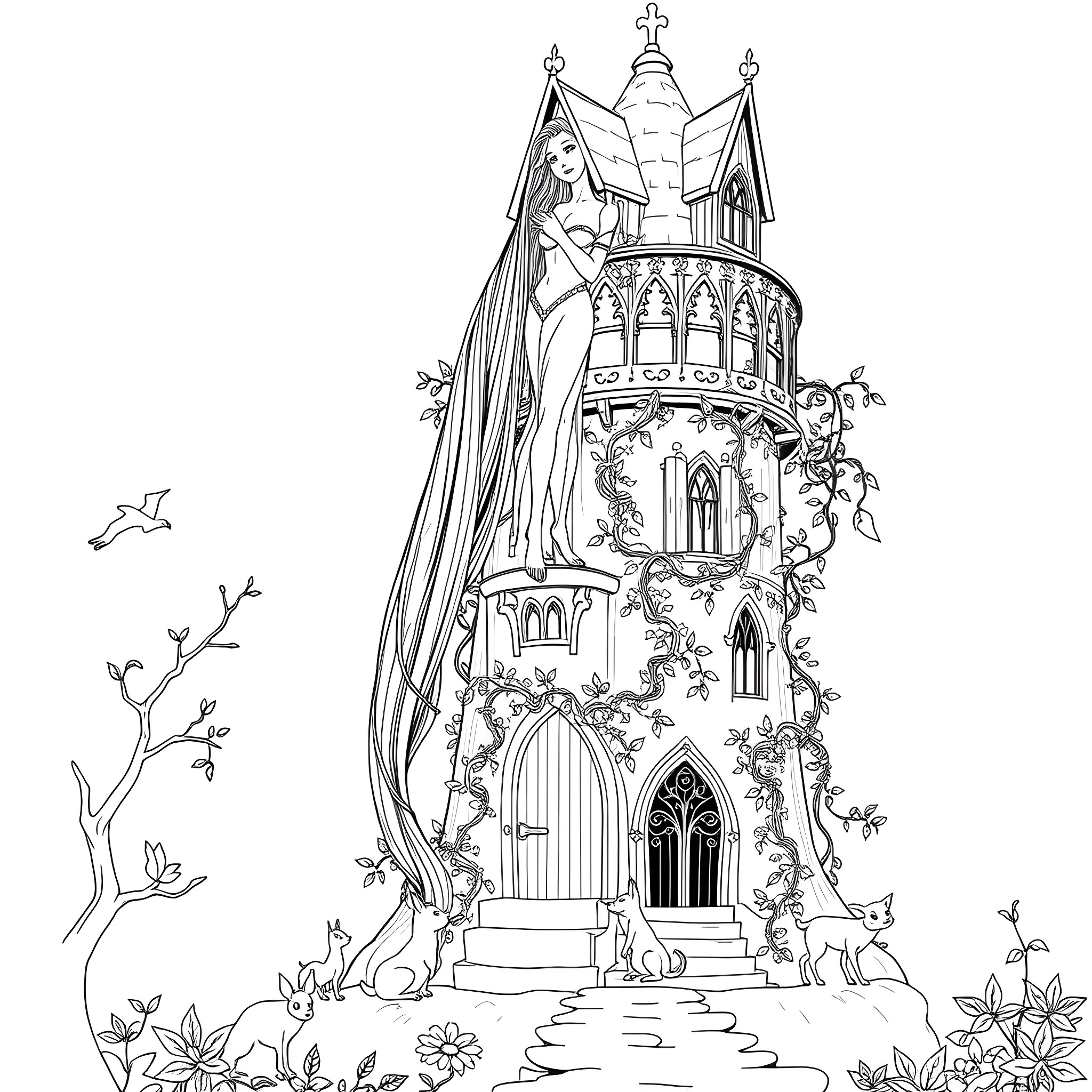Rapunzel stands before her enchanted tower surrounded by nature Coloring Page (free black-and-white line drawing printable PDF for all, from beginners to advanced learners, including children, teens, adults, and seniors)