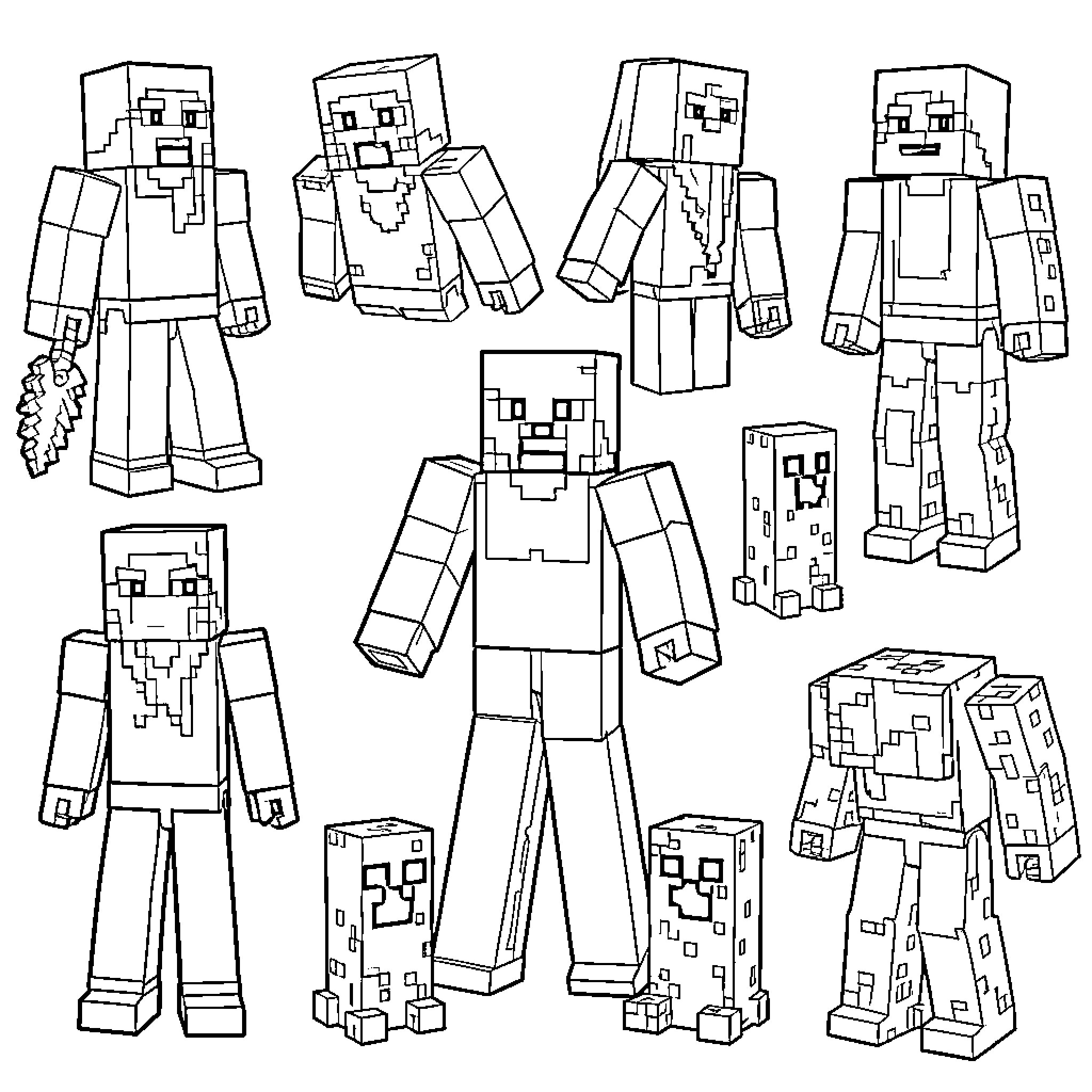 Minecraft Character collection featuring various poses and expressions Coloring Page (free black-and-white line drawing printable PDF for all, from beginners to advanced learners, including children, teens, adults, and seniors)