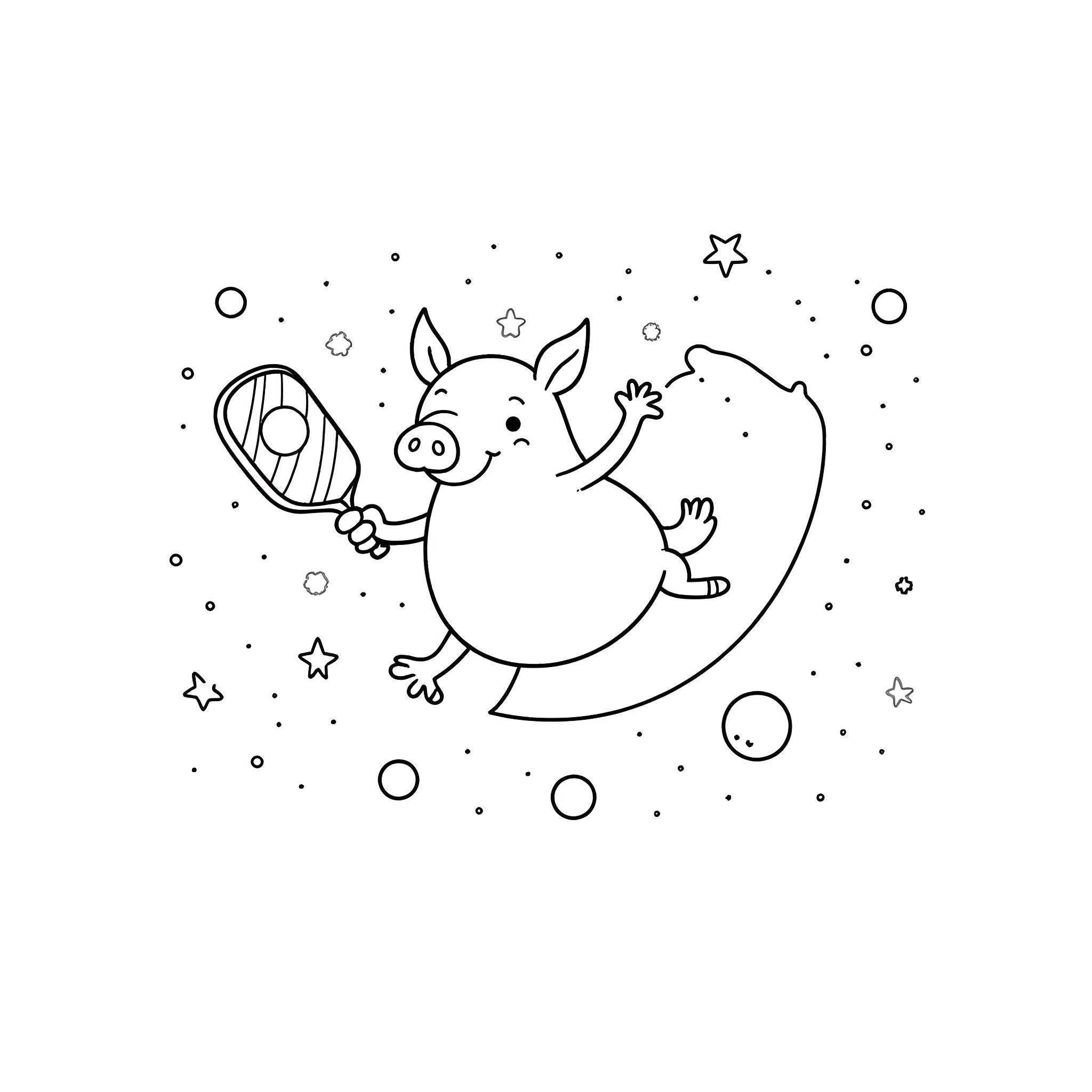 Porky playing among the stars Coloring Page (free black-and-white line drawing printable PDF for all, from beginners to advanced learners, including children, teens, adults, and seniors)