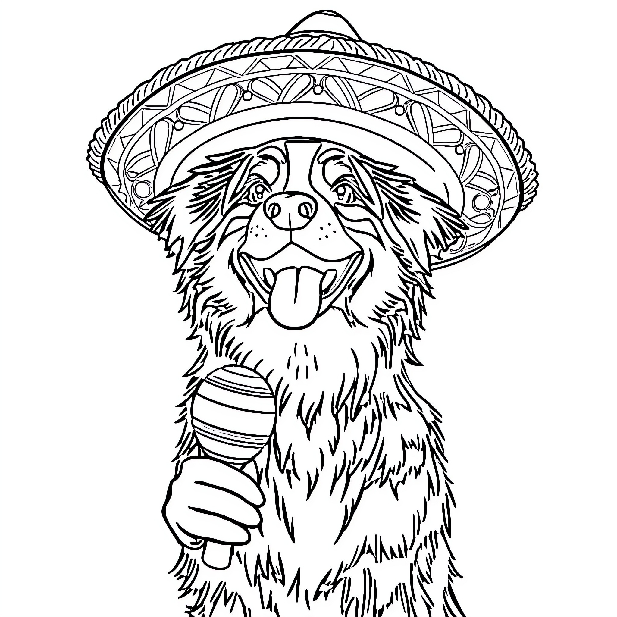 Australian Shepherd in Festive Sombrero Coloring Page (free black-and-white line drawing printable PDF for all, from beginners to advanced learners, including children, teens, adults, and seniors)