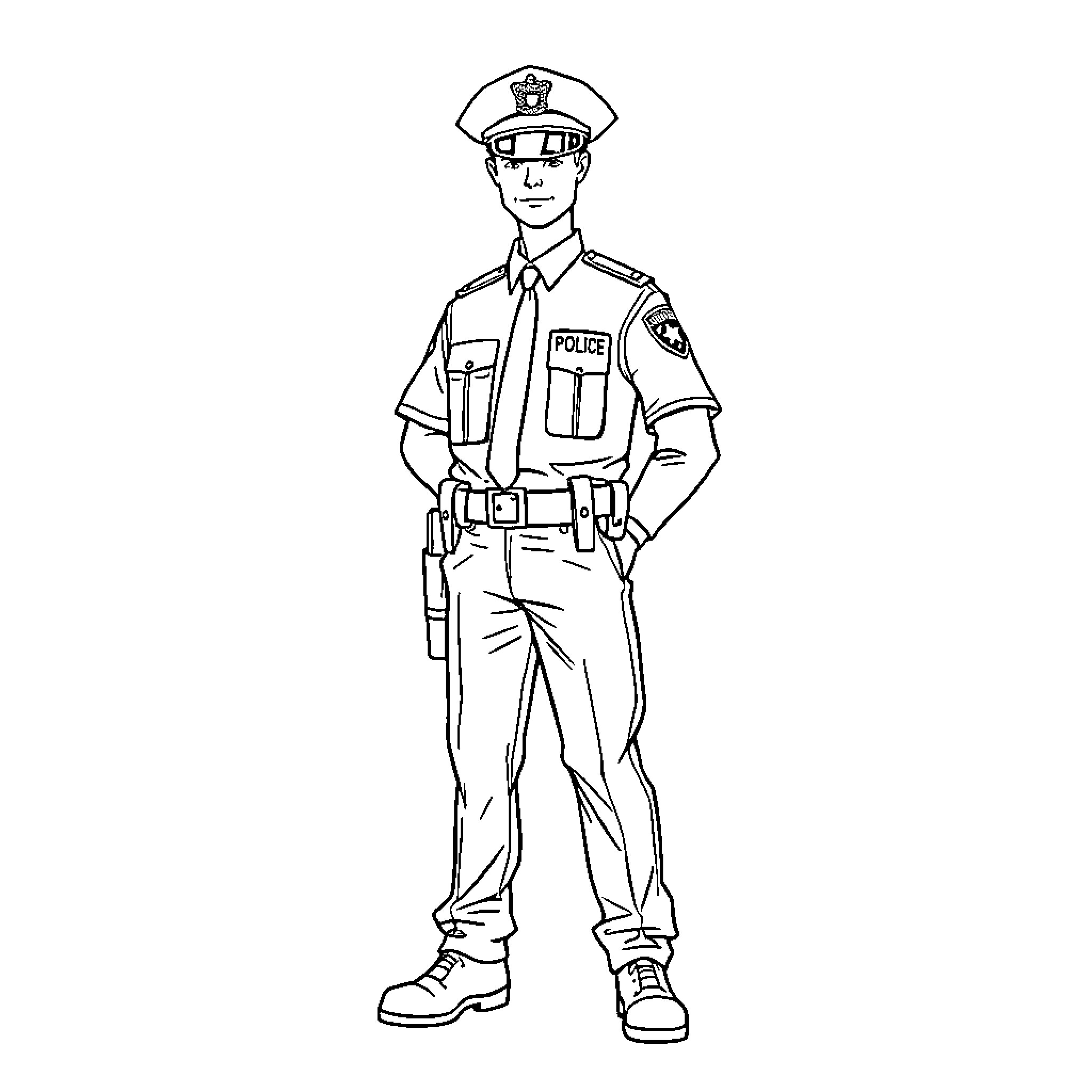 Police officer standing in uniform Coloring Page (free black-and-white line drawing printable PDF for all, from beginners to advanced learners, including children, teens, adults, and seniors)