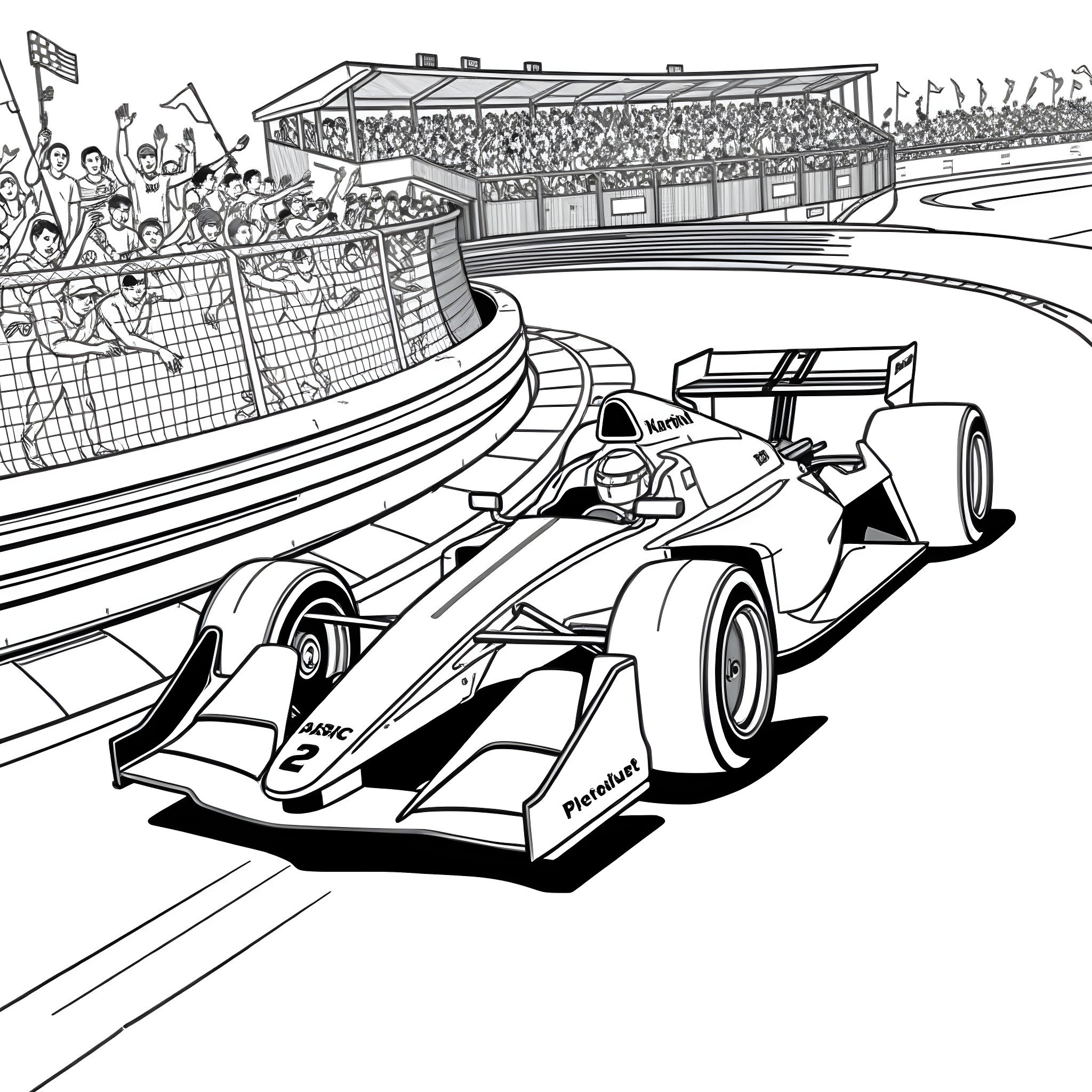 F1 Car Racing on Track with Cheering Crowd Coloring Page (free black-and-white line drawing printable PDF for all, from beginners to advanced learners, including children, teens, adults, and seniors)