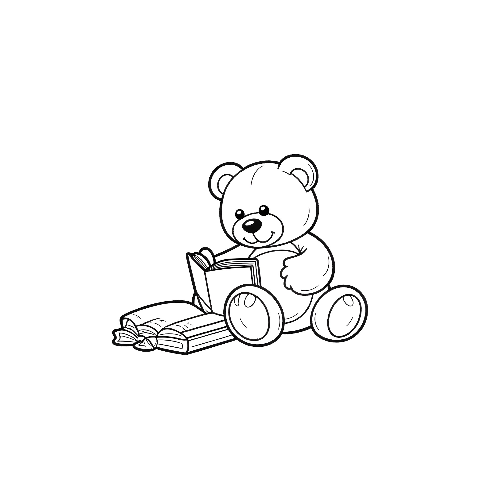 Teddy Bear reading books Coloring Page (free black-and-white line drawing printable PDF for all, from beginners to advanced learners, including children, teens, adults, and seniors)