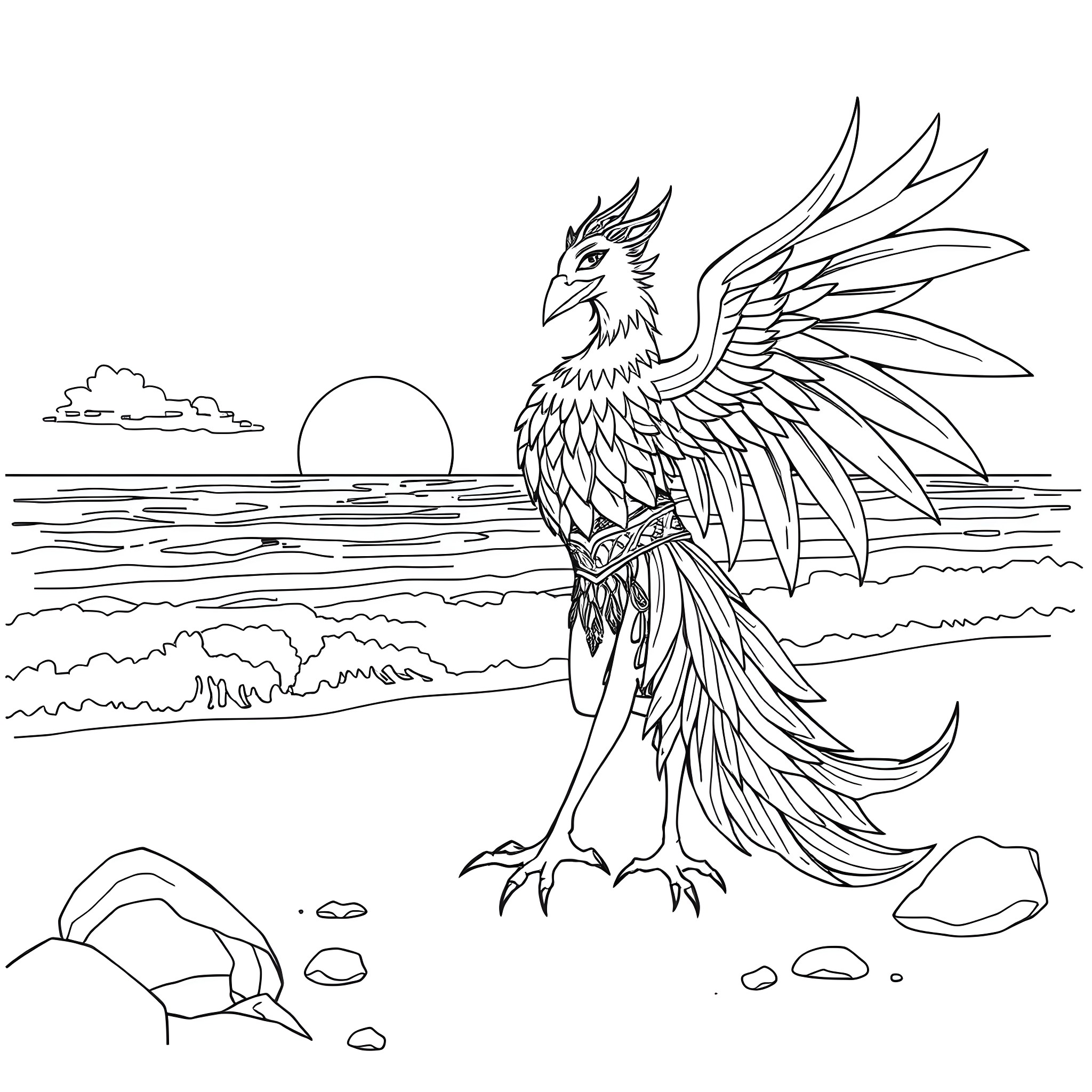Phoenix soaring over coastal landscape Coloring Page (free black-and-white line drawing printable PDF for all, from beginners to advanced learners, including children, teens, adults, and seniors)