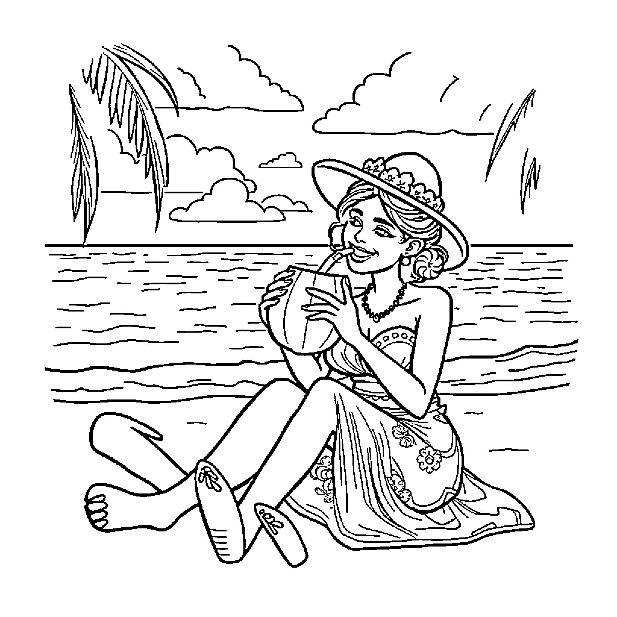 Couple relaxing on the beach Coloring Page (free black-and-white line drawing printable PDF for all, from beginners to advanced learners, including children, teens, adults, and seniors)