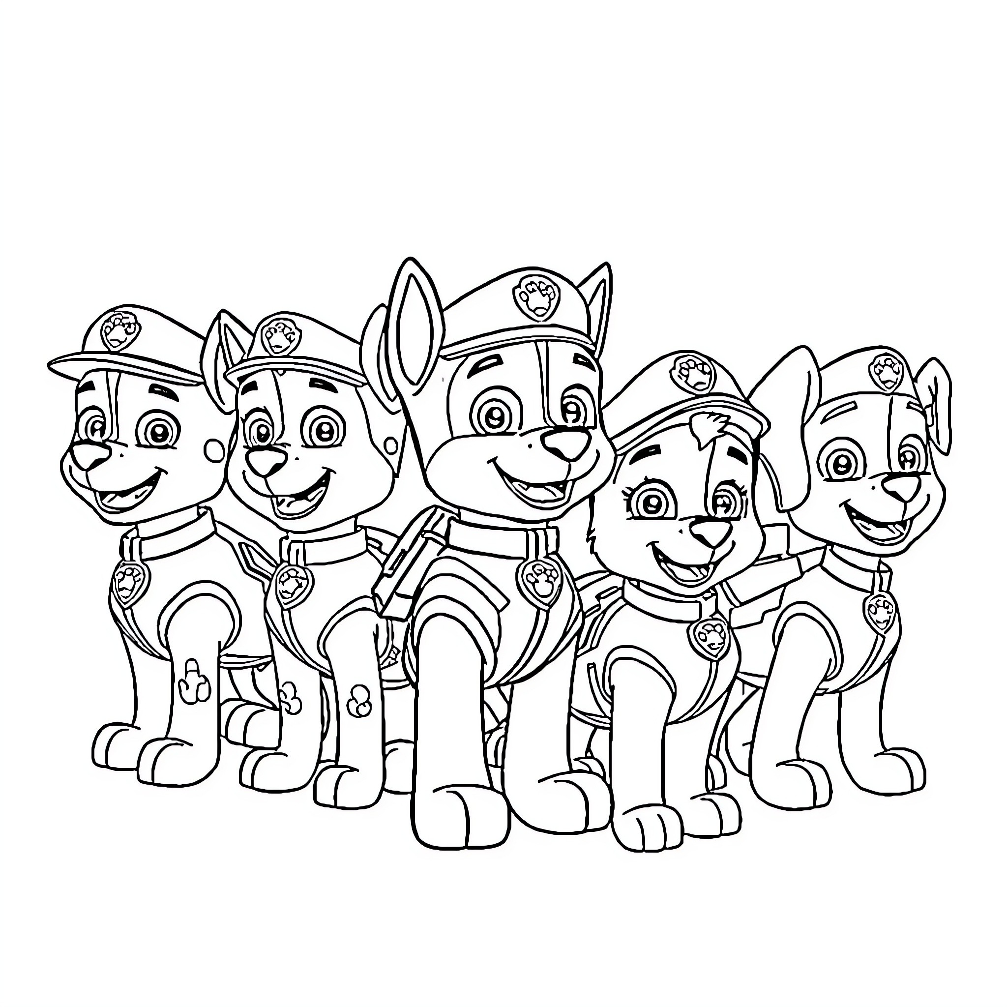 Paw Patrol team in uniform posing together Coloring Page (free black-and-white line drawing printable PDF for all, from beginners to advanced learners, including children, teens, adults, and seniors)