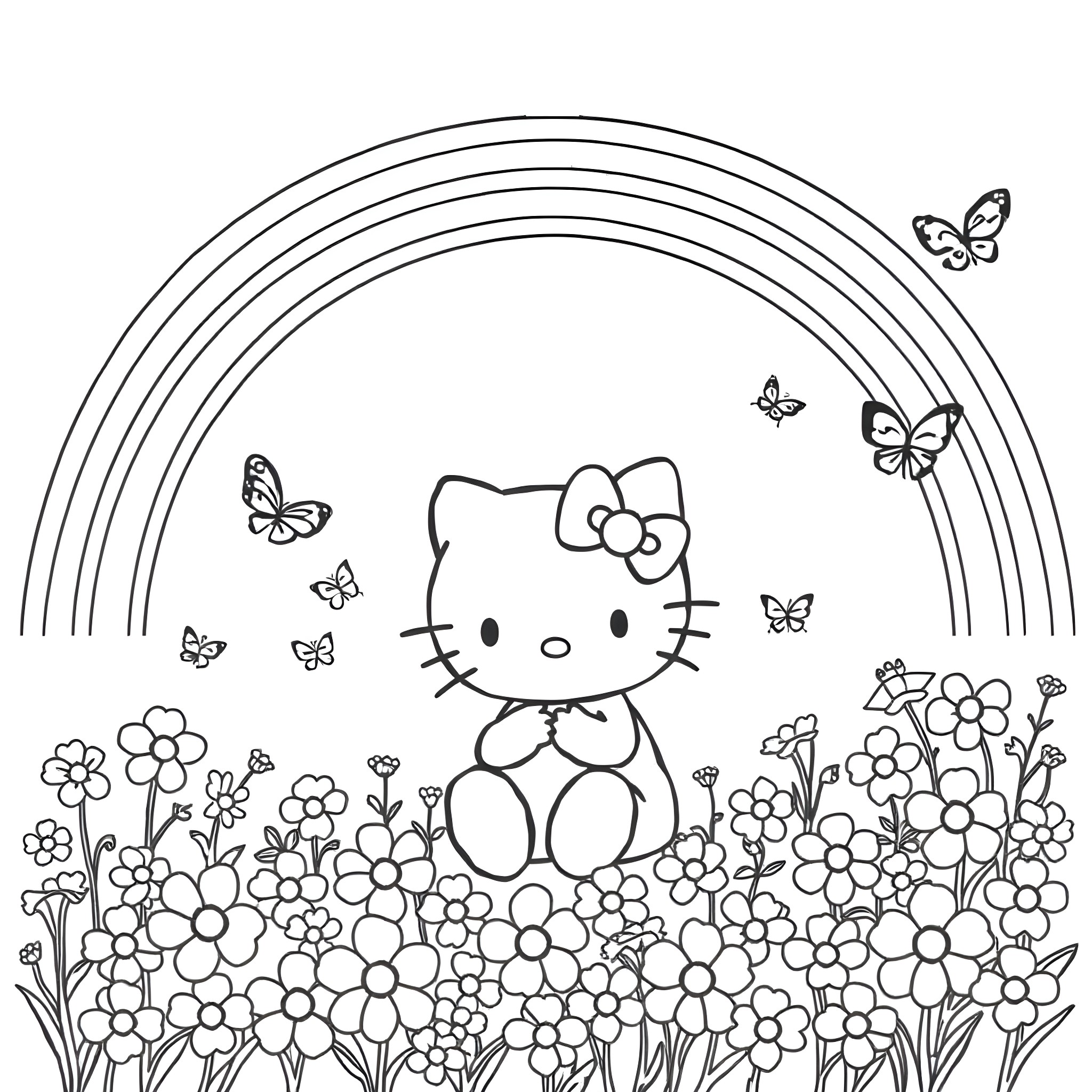 Hello Kitty playing in a flower garden with butterflies Coloring Page (free black-and-white line drawing printable PDF for all, from beginners to advanced learners, including children, teens, adults, and seniors)