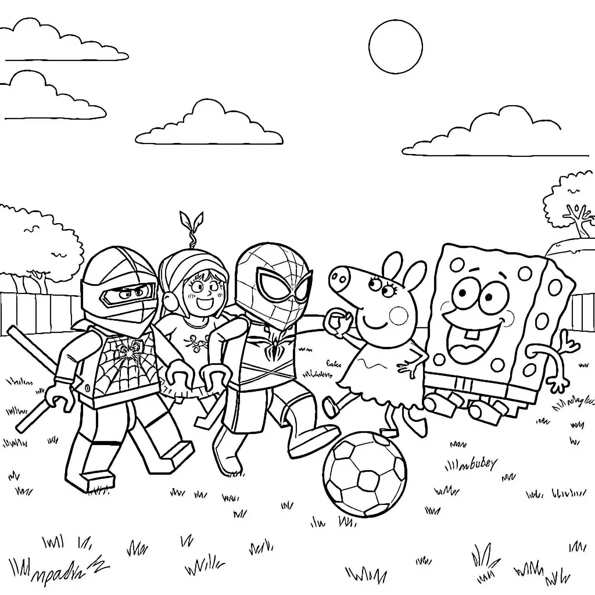 Characters playing with a soccer ball in an outdoor scene Coloring Page (free black-and-white line drawing printable PDF for all, from beginners to advanced learners, including children, teens, adults, and seniors)