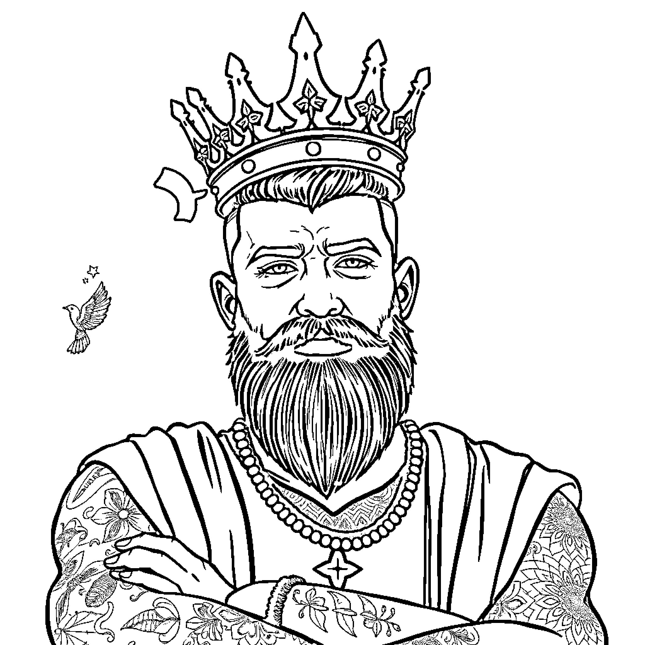 Man wearing ornate crown and robes Coloring Page (free black-and-white line drawing printable PDF for all, from beginners to advanced learners, including children, teens, adults, and seniors)