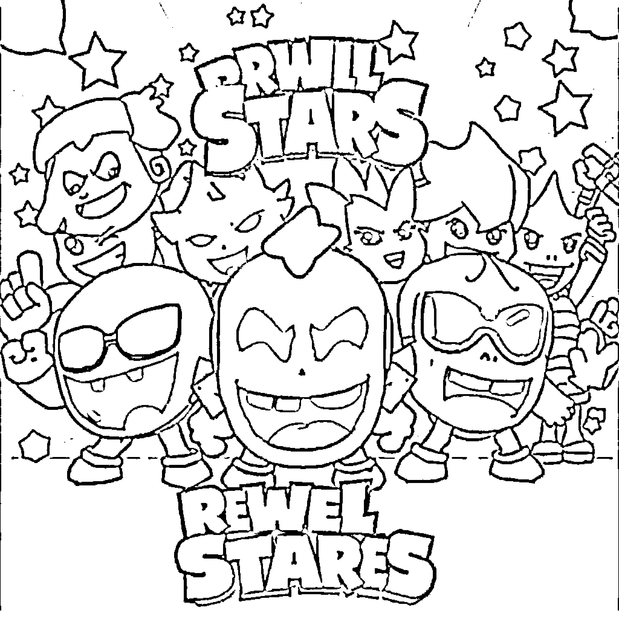 Brawl Stars Rewel Stars: Cartoon Characters with Expressions Coloring Page (free black-and-white line drawing printable PDF for all, from beginners to advanced learners, including children, teens, adults, and seniors)