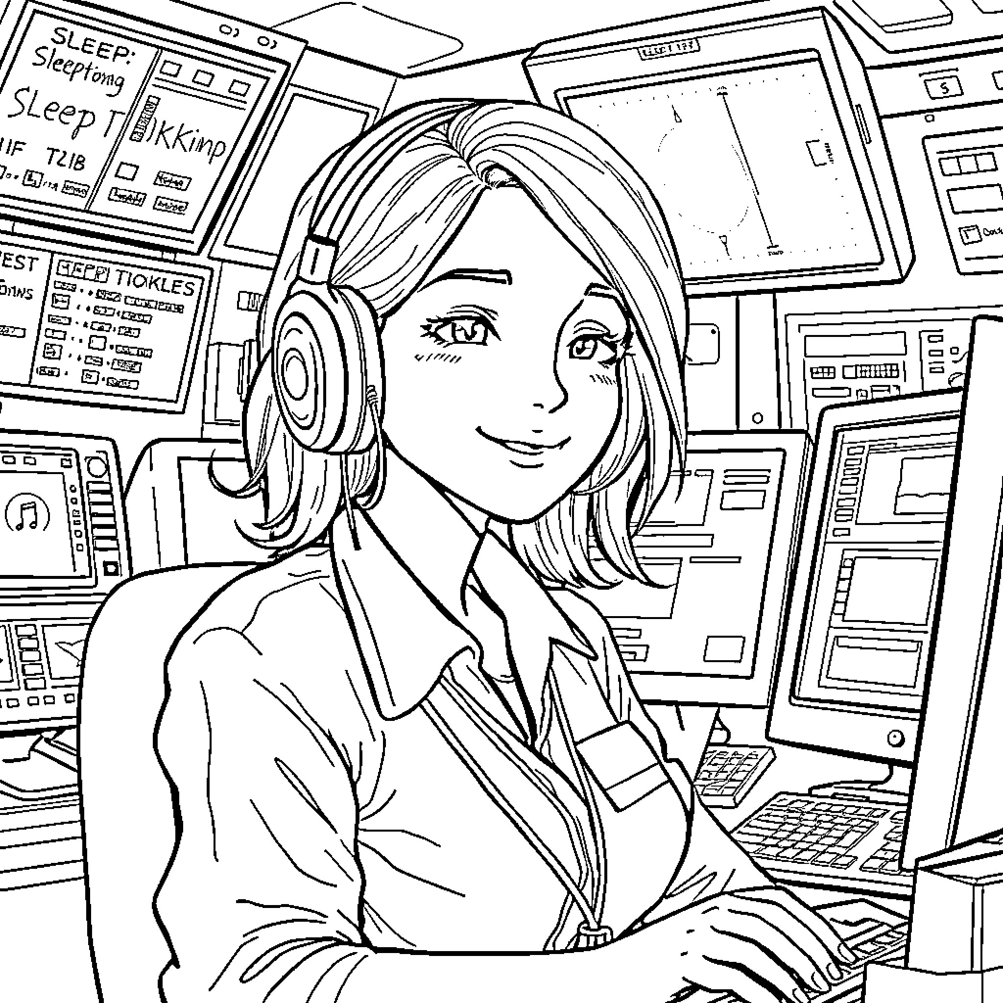 Dispatcher at work in control room Coloring Page (free black-and-white line drawing printable PDF for all, from beginners to advanced learners, including children, teens, adults, and seniors)