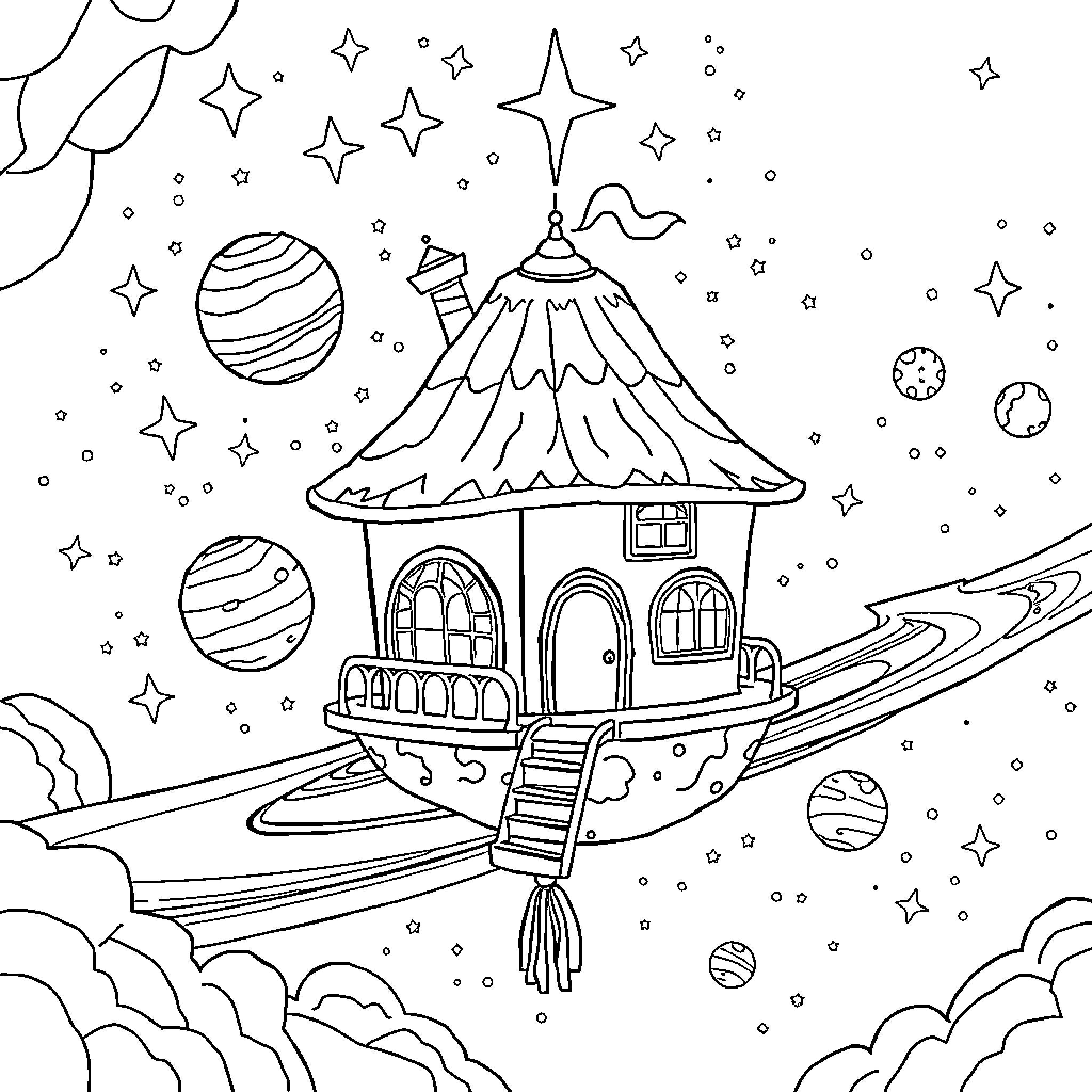 Gaby's Whimsical Cosmic Cottage Coloring Page (free black-and-white line drawing printable PDF for all, from beginners to advanced learners, including children, teens, adults, and seniors)