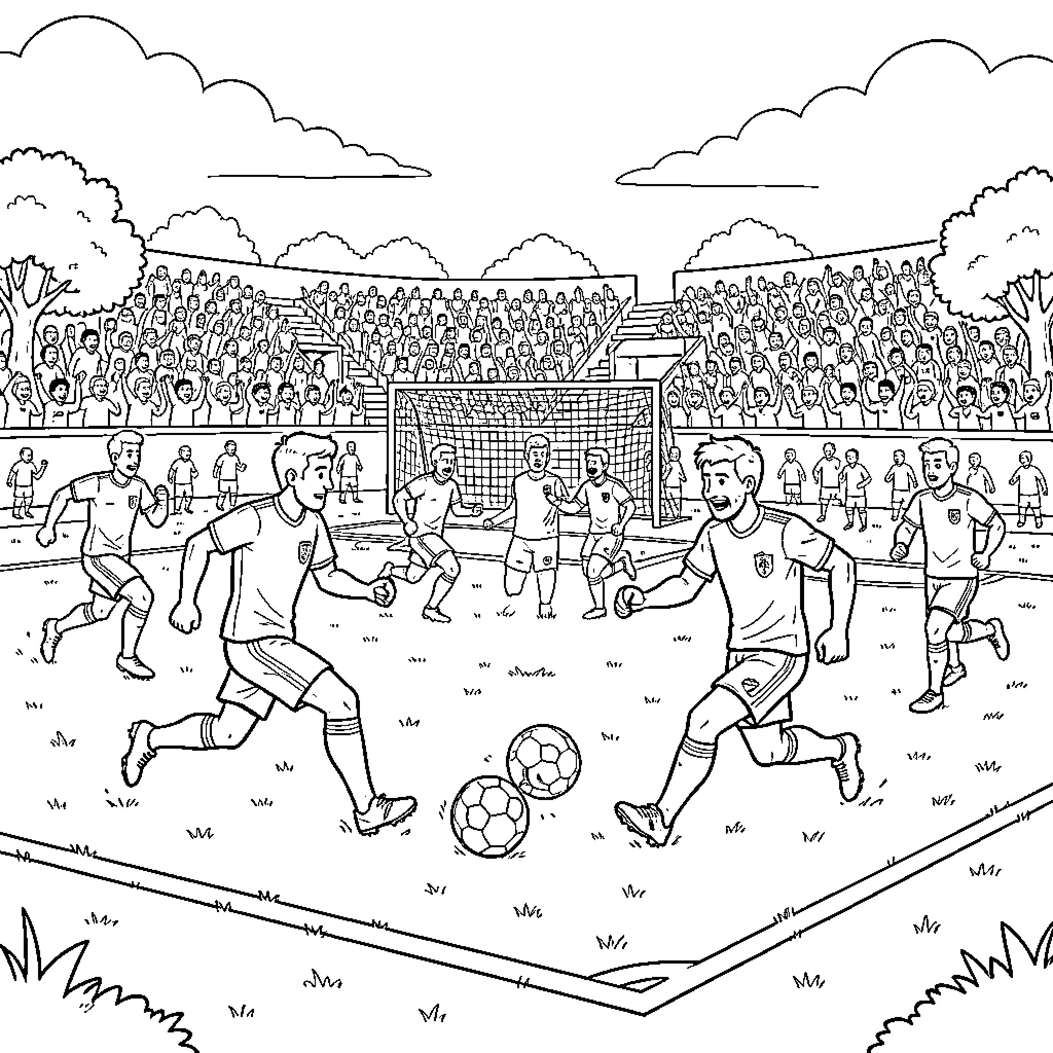 Football players competing in a stadium match Coloring Page (free black-and-white line drawing printable PDF for all, from beginners to advanced learners, including children, teens, adults, and seniors)