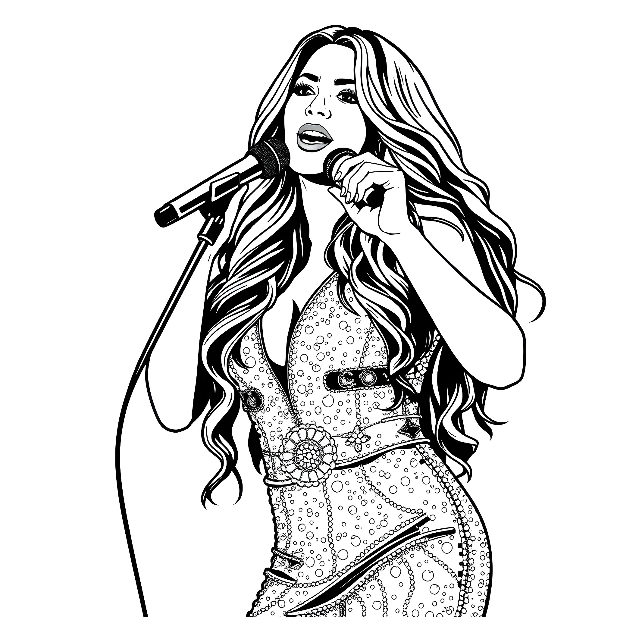 Mariah Carey Performing on Stage in Elaborate Outfit Coloring Page (free black-and-white line drawing printable PDF for all, from beginners to advanced learners, including children, teens, adults, and seniors)