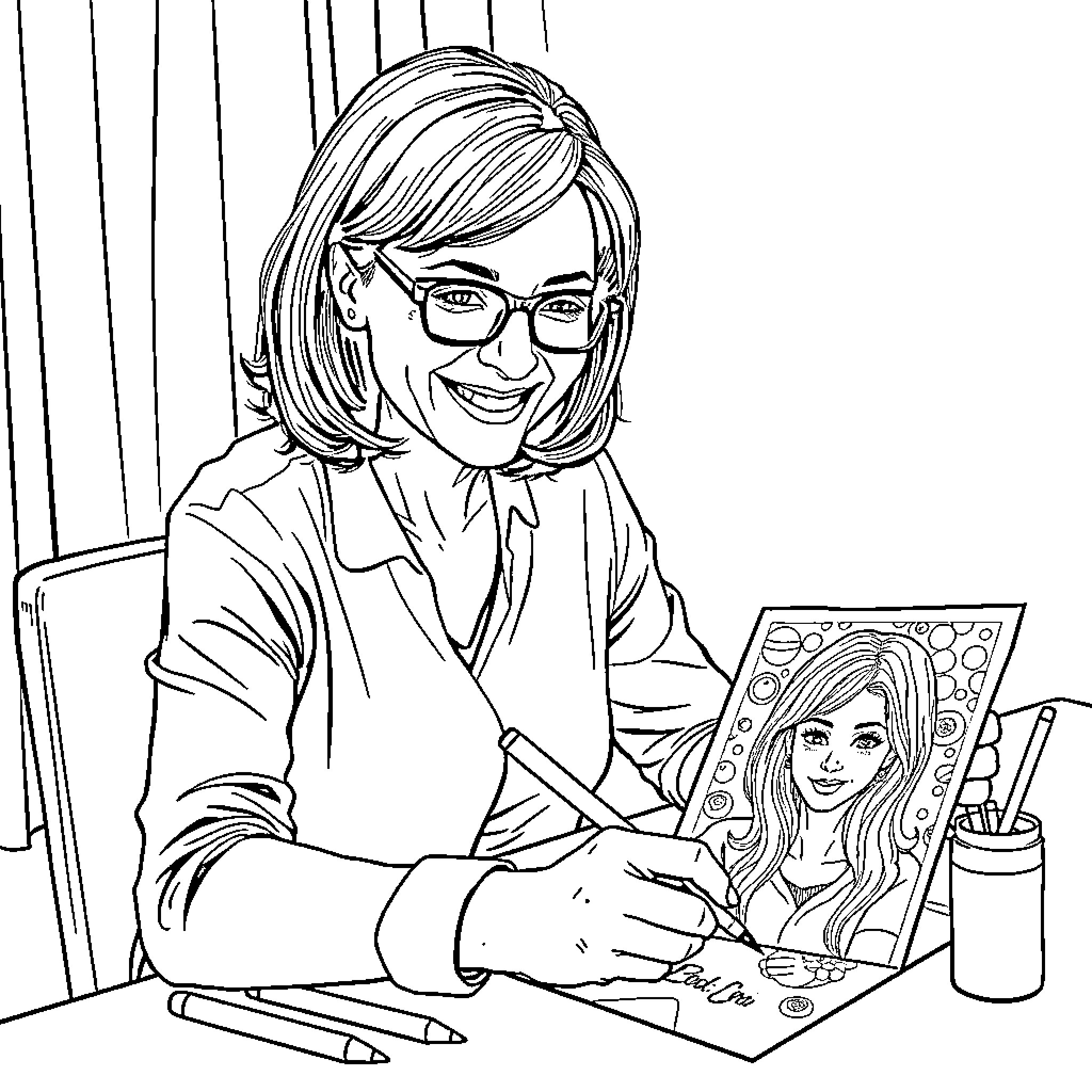 Lady artist sketching a portrait Coloring Page (free black-and-white line drawing printable PDF for all, from beginners to advanced learners, including children, teens, adults, and seniors)
