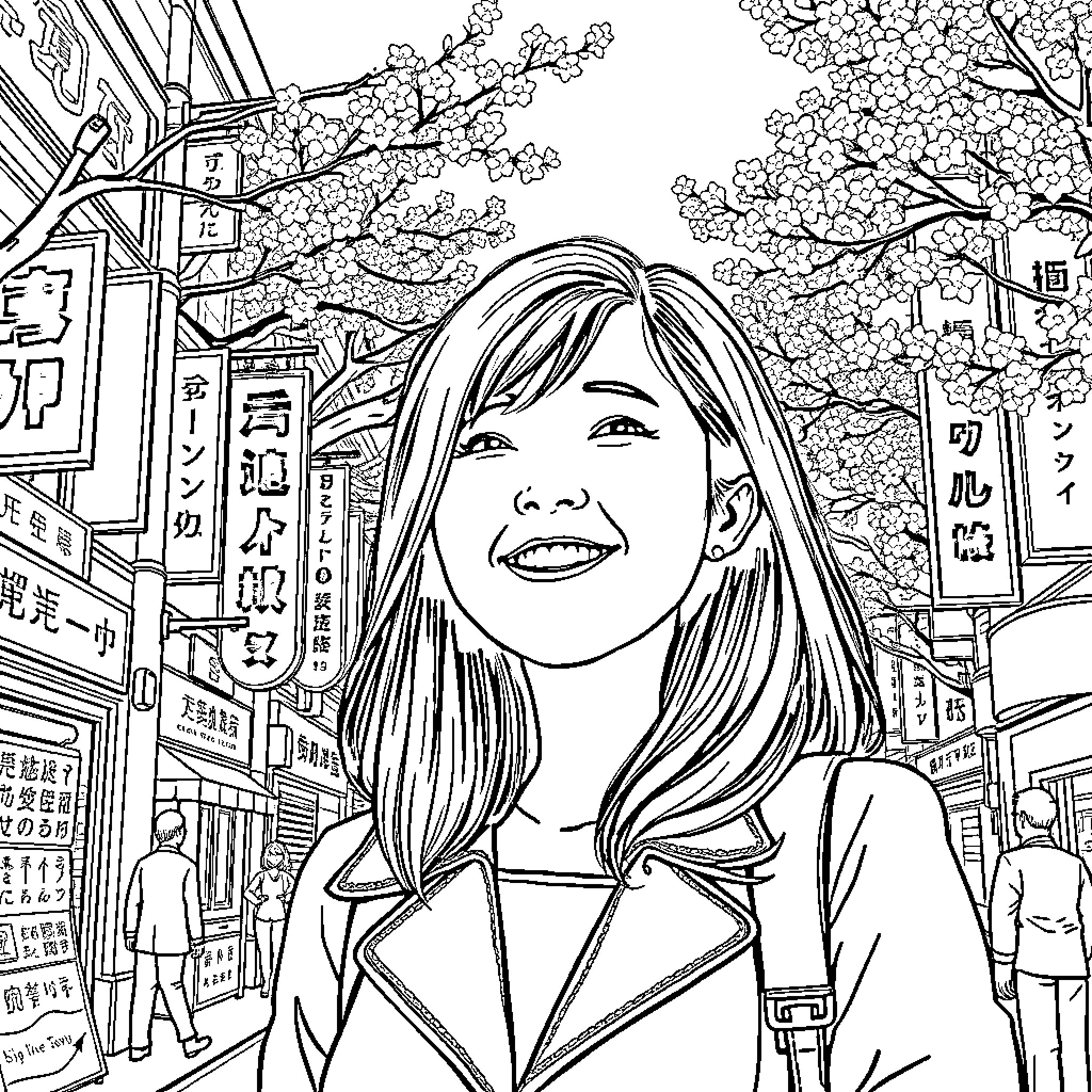 Mei Lee exploring the vibrant streets of Tokyo Coloring Page (free black-and-white line drawing printable PDF for all, from beginners to advanced learners, including children, teens, adults, and seniors)