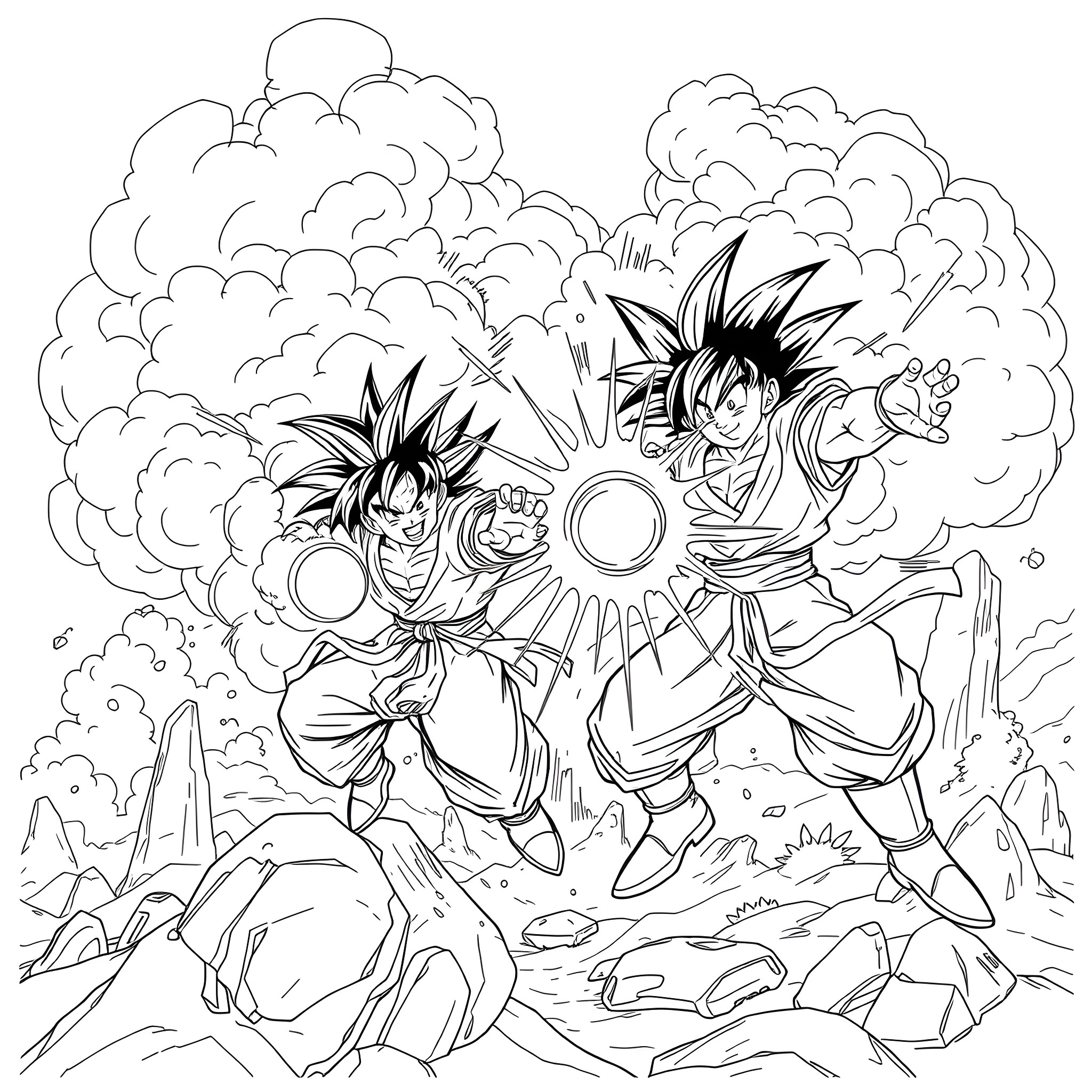 Dragon Ball Characters Battling Amid Dramatic Clouds Coloring Page (free black-and-white line drawing printable PDF for all, from beginners to advanced learners, including children, teens, adults, and seniors)