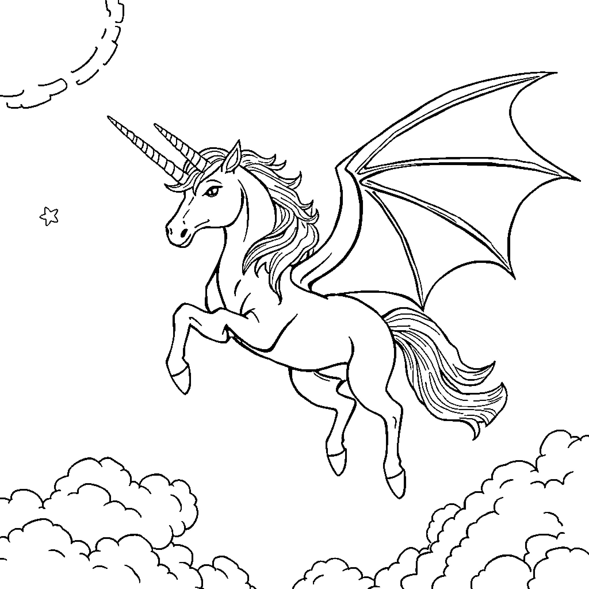 Unicorn with Majestic Wings Flying Through the Skies Coloring Page (free black-and-white line drawing printable PDF for all, from beginners to advanced learners, including children, teens, adults, and seniors)