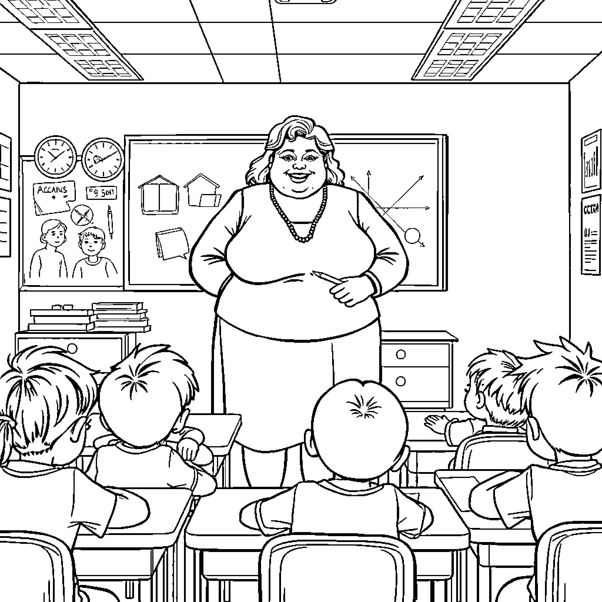 Teacher standing before attentive students in the classroom Coloring Page (free black-and-white line drawing printable PDF for all, from beginners to advanced learners, including children, teens, adults, and seniors)