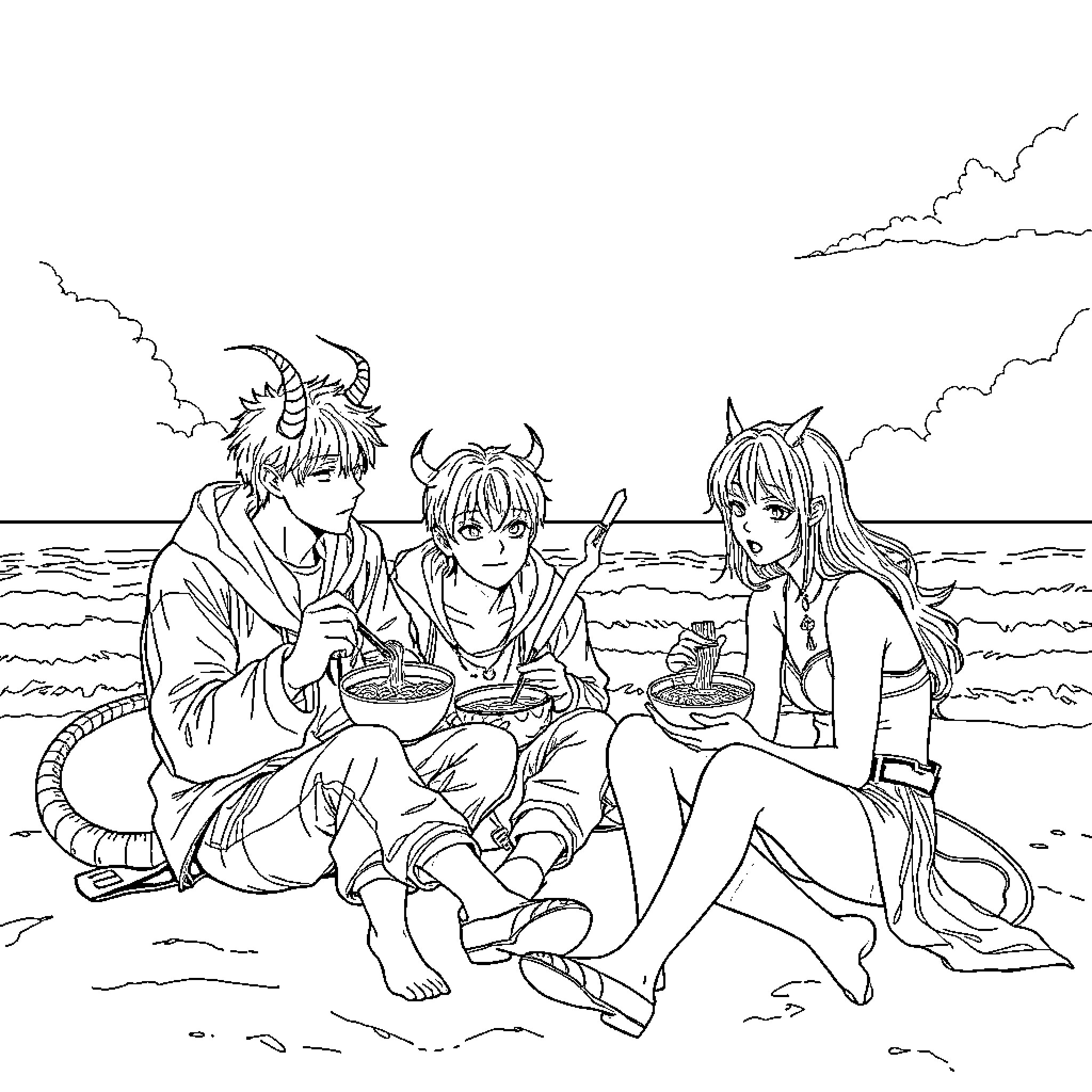 Demon Hunters enjoying a seaside picnic Coloring Page (free black-and-white line drawing printable PDF for all, from beginners to advanced learners, including children, teens, adults, and seniors)