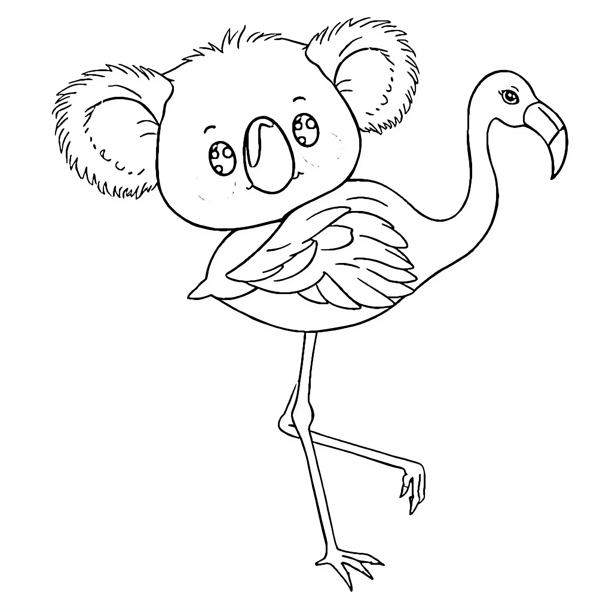 Koala Flamingo playing together Coloring Page (free black-and-white line drawing printable PDF for all, from beginners to advanced learners, including children, teens, adults, and seniors)