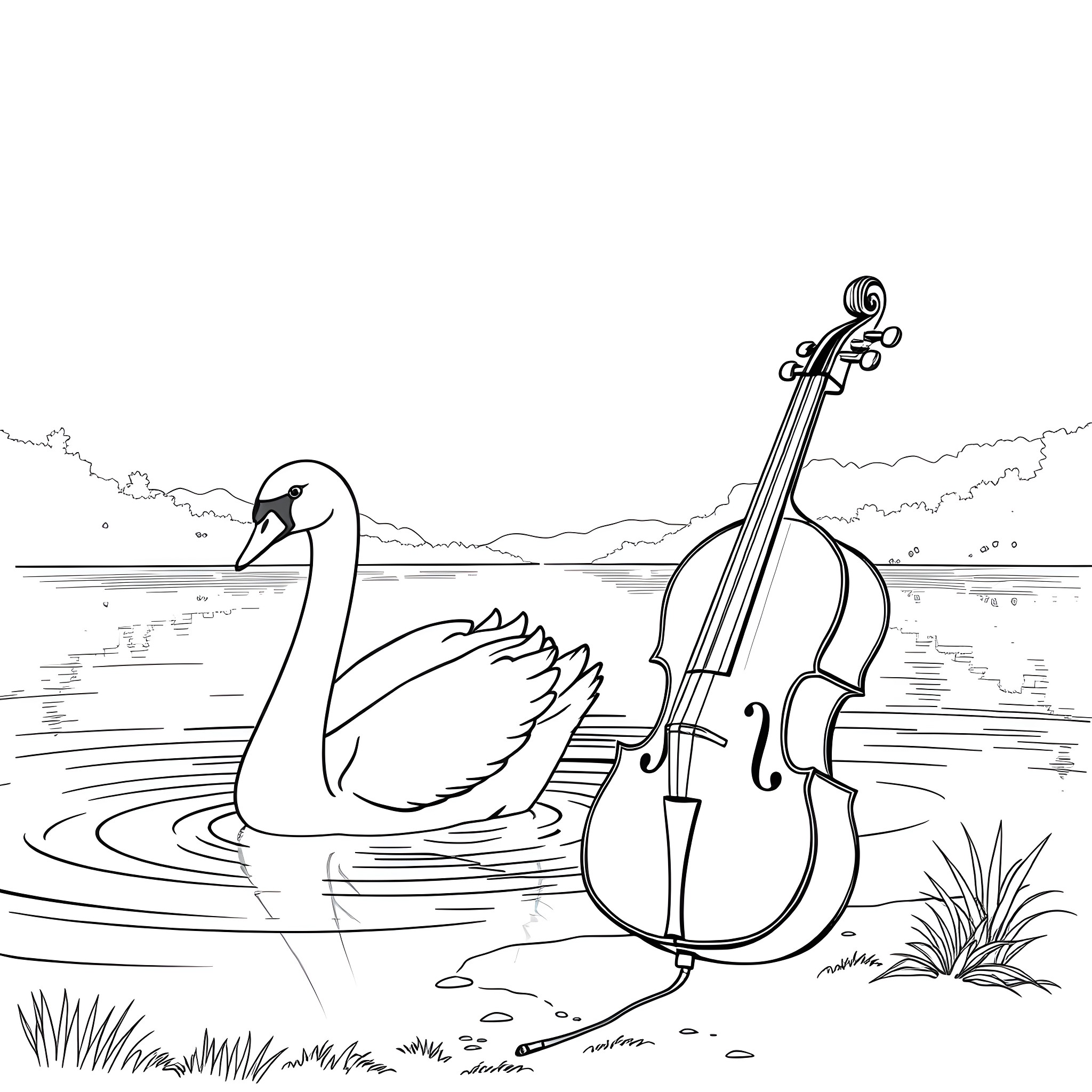 Swan gracefully swimming with a violin in the lake Coloring Page (free black-and-white line drawing printable PDF for all, from beginners to advanced learners, including children, teens, adults, and seniors)