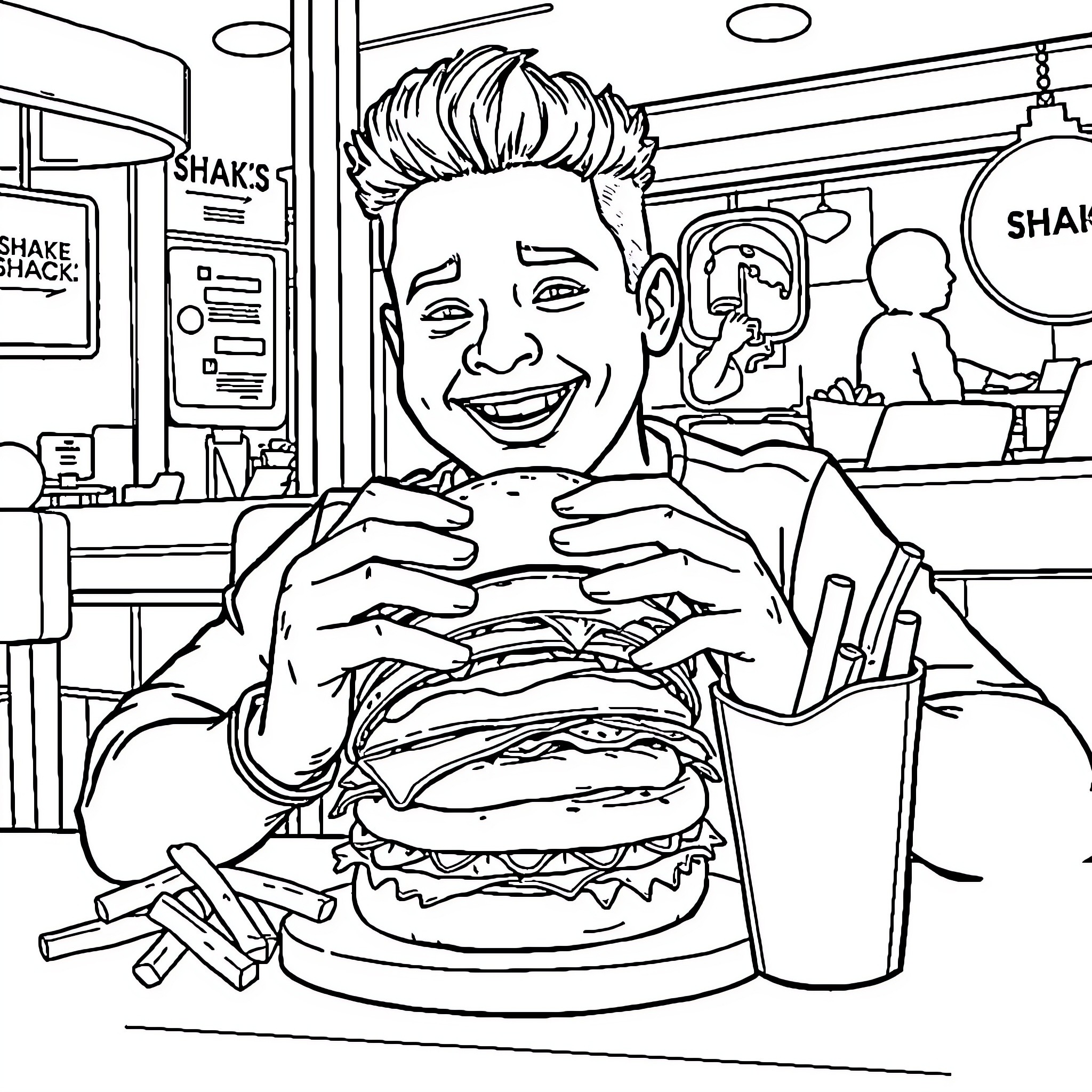 Ronald Acuña enjoying a delicious shake and burger Coloring Page (free black-and-white line drawing printable PDF for all, from beginners to advanced learners, including children, teens, adults, and seniors)