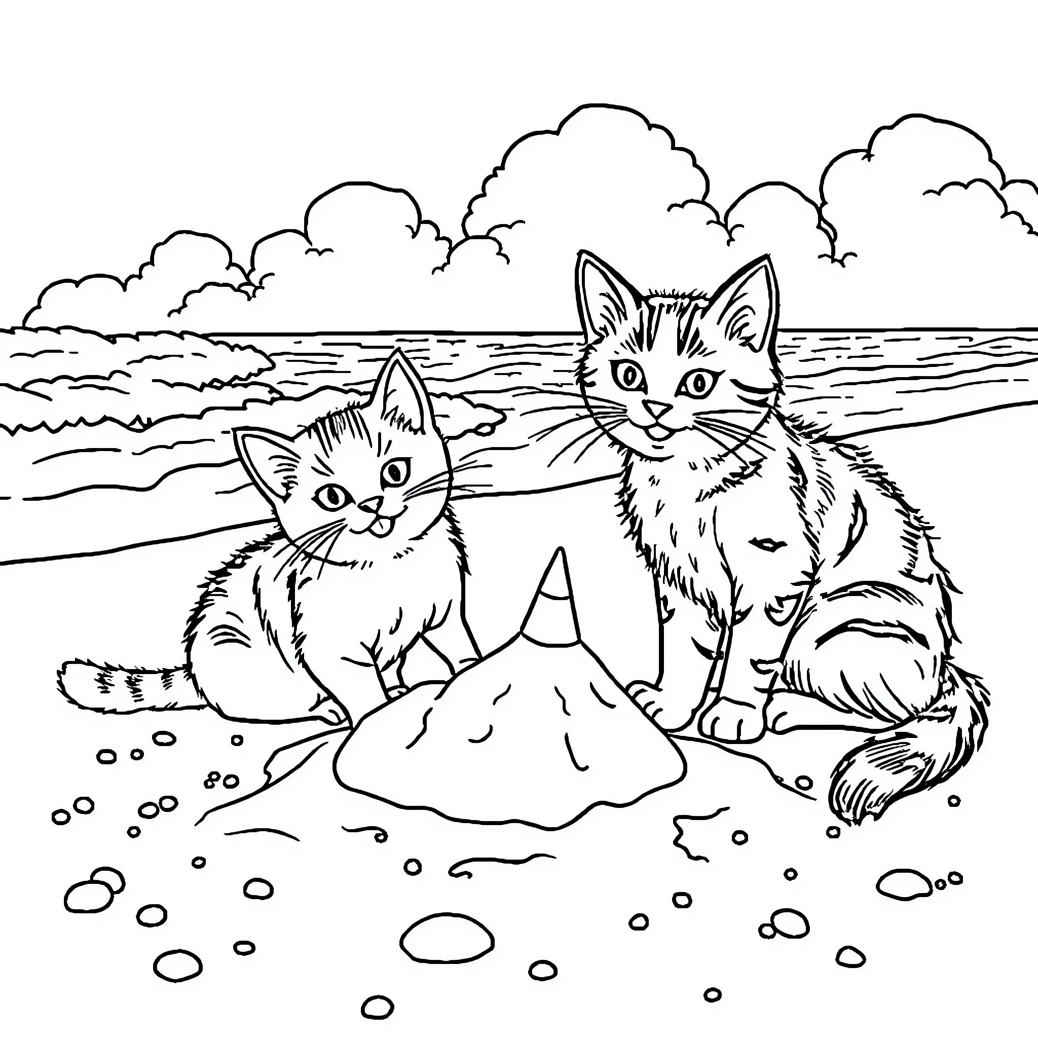 Cats playing together on the beach Coloring Page (free black-and-white line drawing printable PDF for all, from beginners to advanced learners, including children, teens, adults, and seniors)