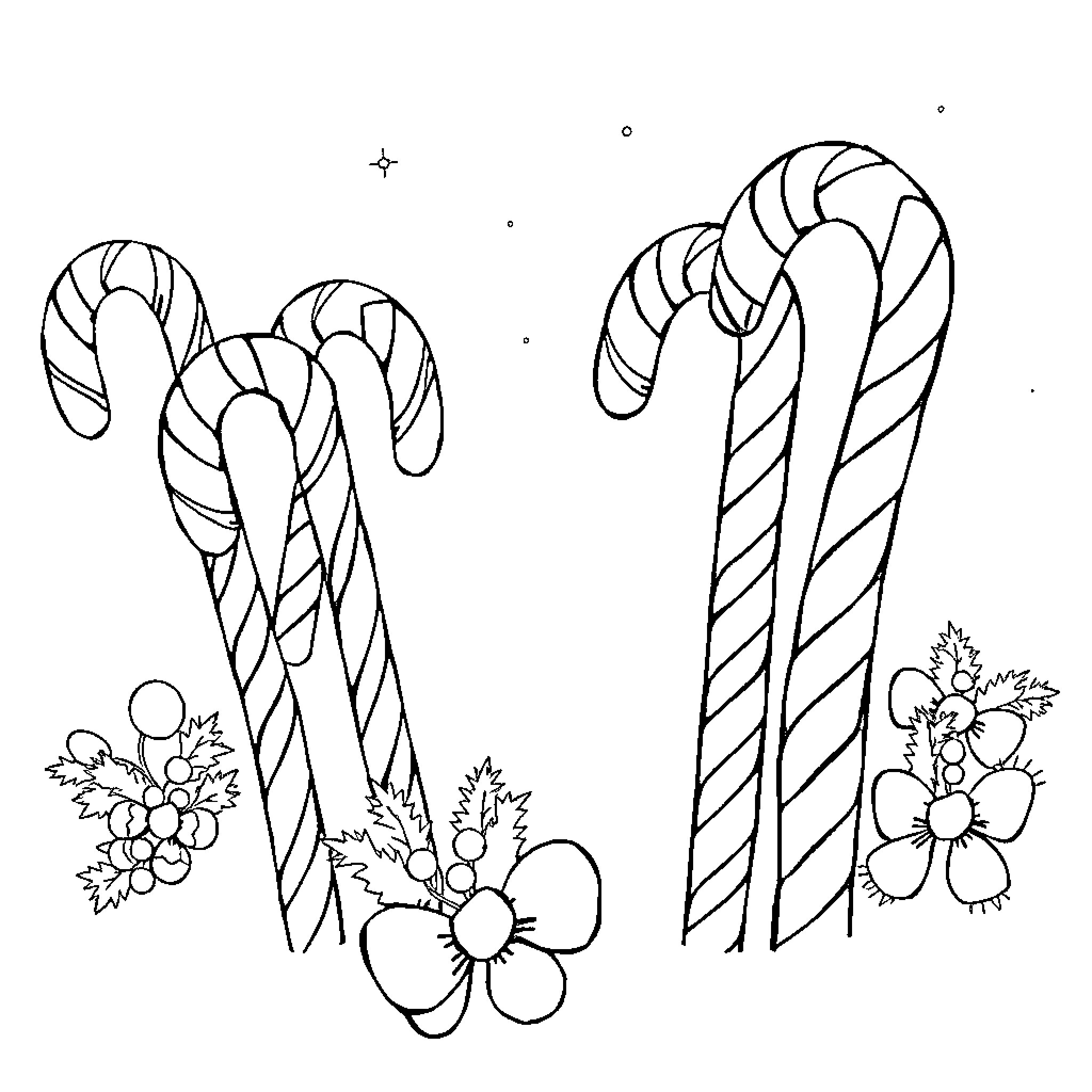 Candy Cane Decorations with Flowers Coloring Page (free black-and-white line drawing printable PDF for all, from beginners to advanced learners, including children, teens, adults, and seniors)