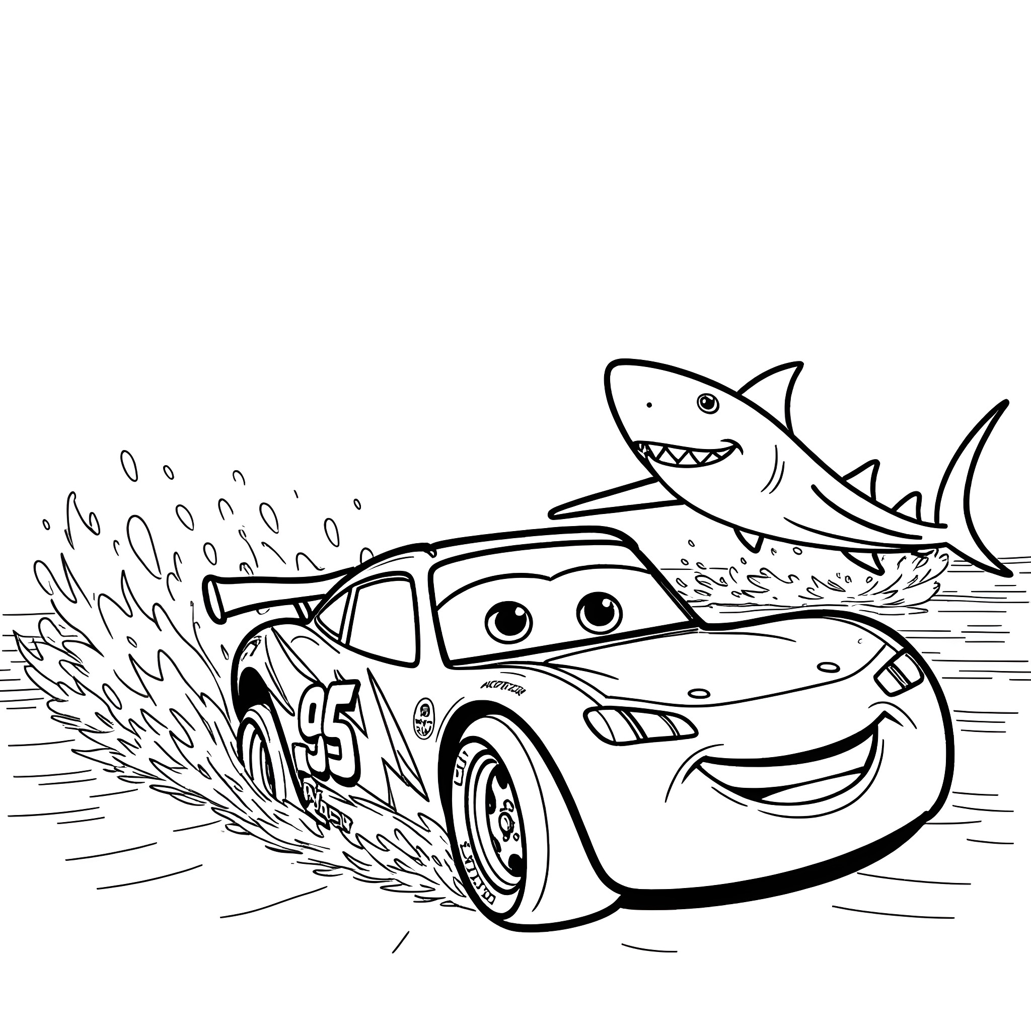 Lightning McQueen and the Shark Adventure Coloring Page (free black-and-white line drawing printable PDF for all, from beginners to advanced learners, including children, teens, adults, and seniors)