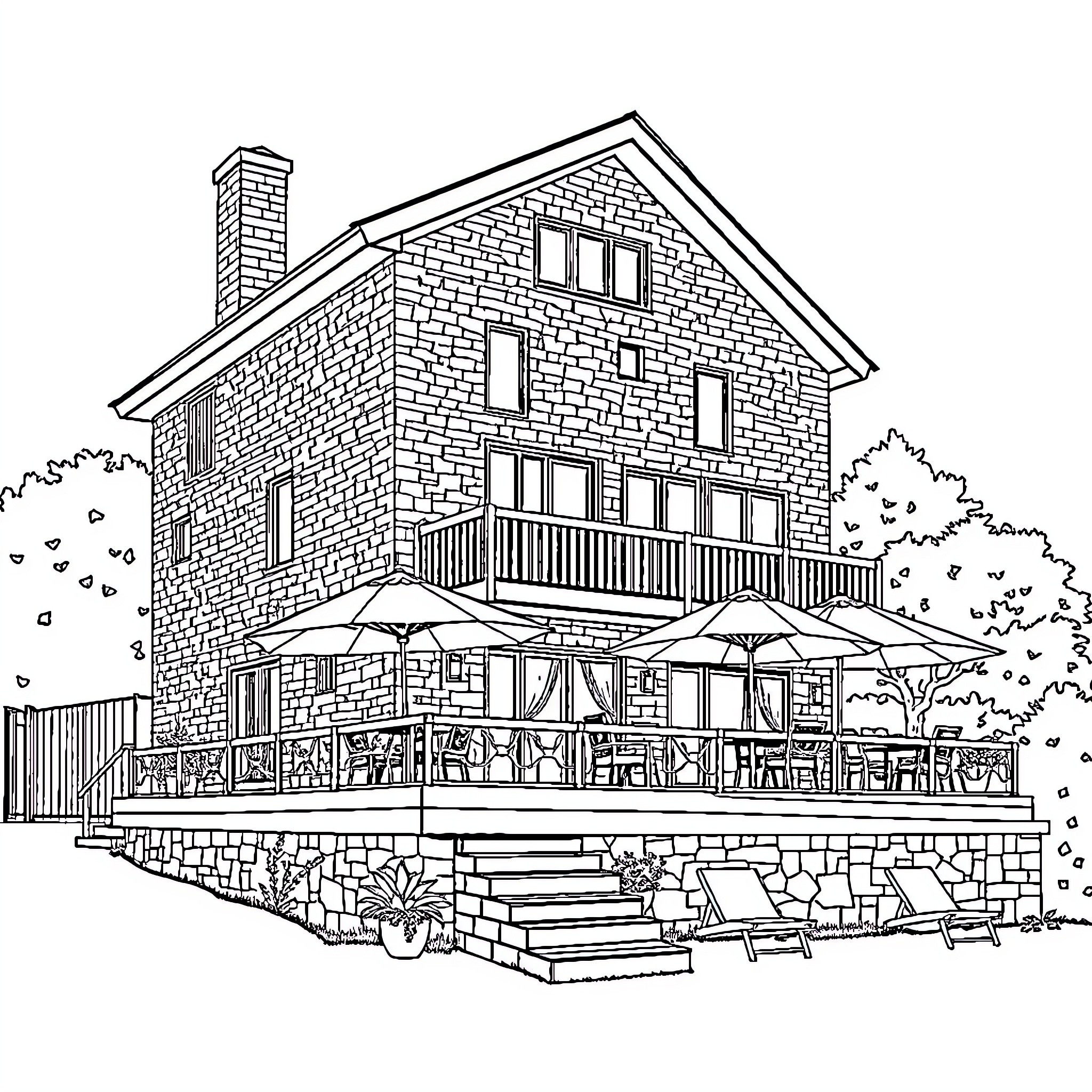 Maison with outdoor dining and scenic surroundings Coloring Page (free black-and-white line drawing printable PDF for all, from beginners to advanced learners, including children, teens, adults, and seniors)
