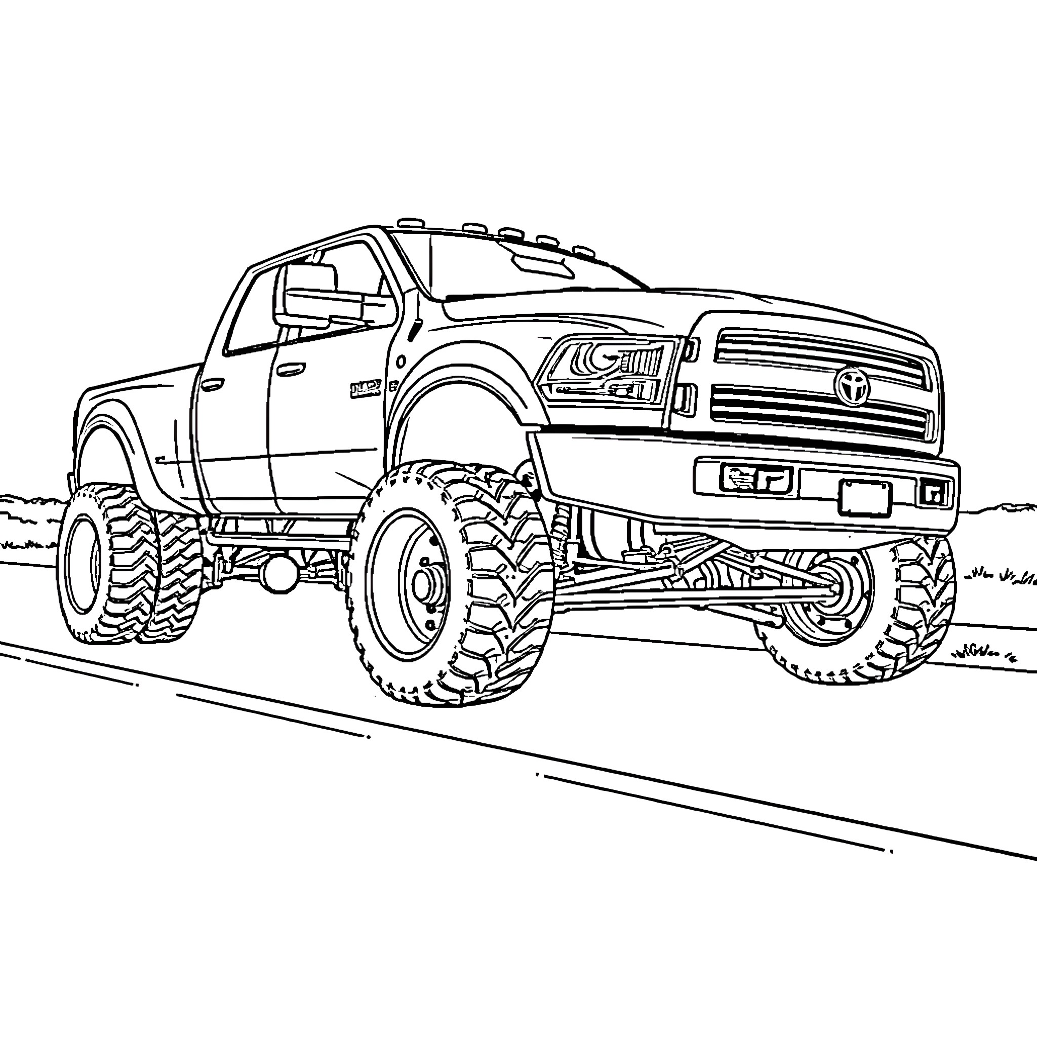 Truck with large off-road tires and lifted suspension Coloring Page (free black-and-white line drawing printable PDF for all, from beginners to advanced learners, including children, teens, adults, and seniors)