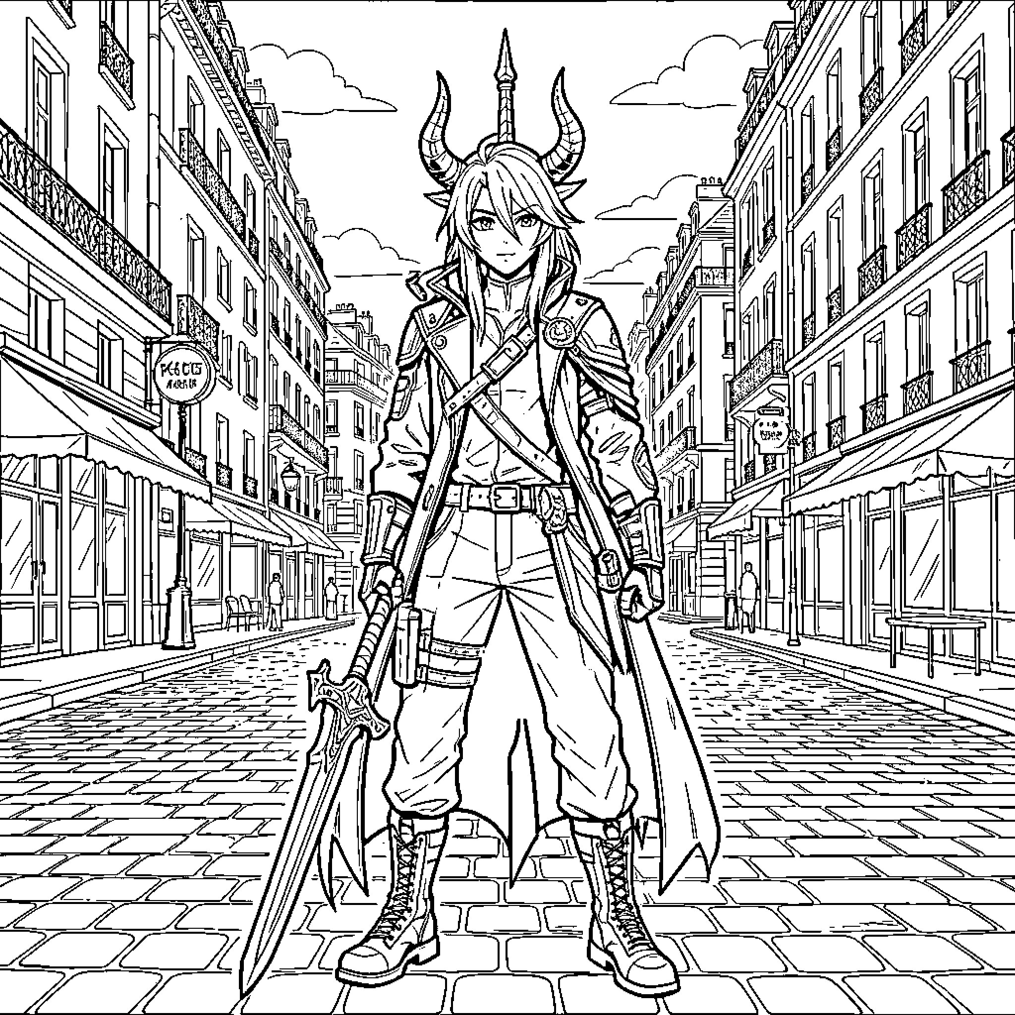 Kpop Demon Hunter standing heroically with a large sword Coloring Page (free black-and-white line drawing printable PDF for all, from beginners to advanced learners, including children, teens, adults, and seniors)
