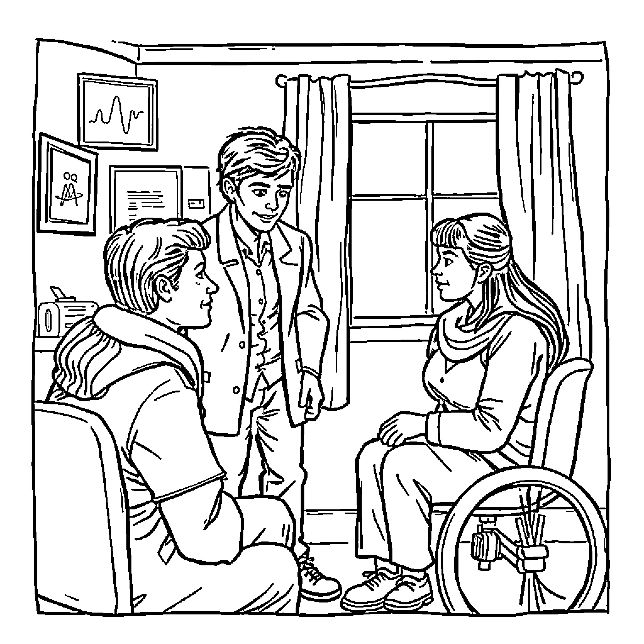 Social Worker Assisting Client with Disabilities Coloring Page (free black-and-white line drawing printable PDF for all, from beginners to advanced learners, including children, teens, adults, and seniors)