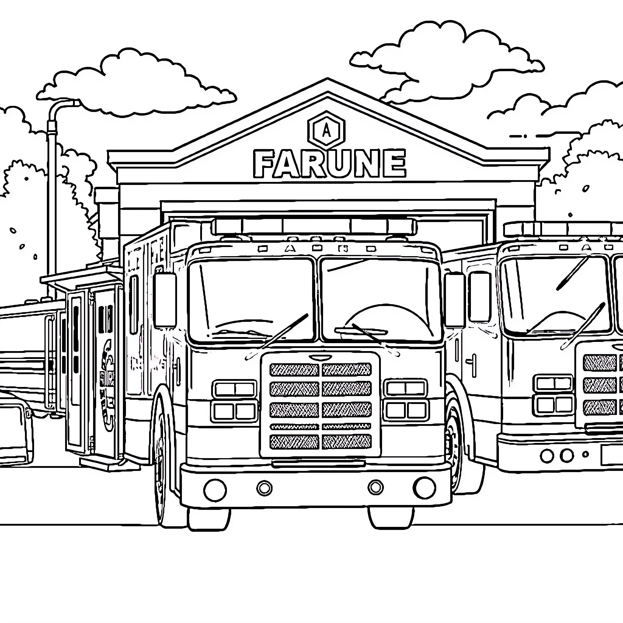 Firetruck parked at the fire station Coloring Page (free black-and-white line drawing printable PDF for all, from beginners to advanced learners, including children, teens, adults, and seniors)