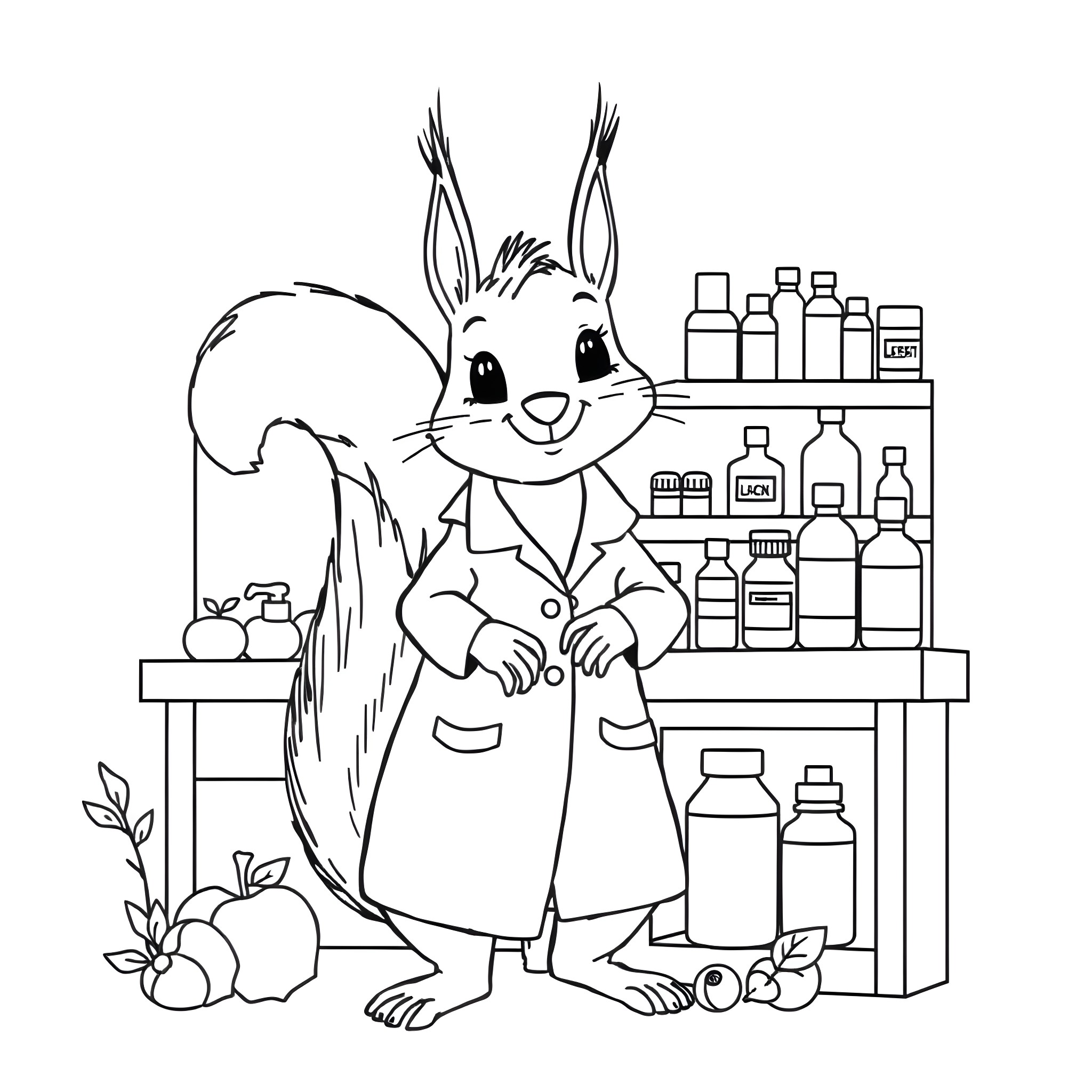 Squirrel pharmacist working in a laboratory Coloring Page (free black-and-white line drawing printable PDF for all, from beginners to advanced learners, including children, teens, adults, and seniors)