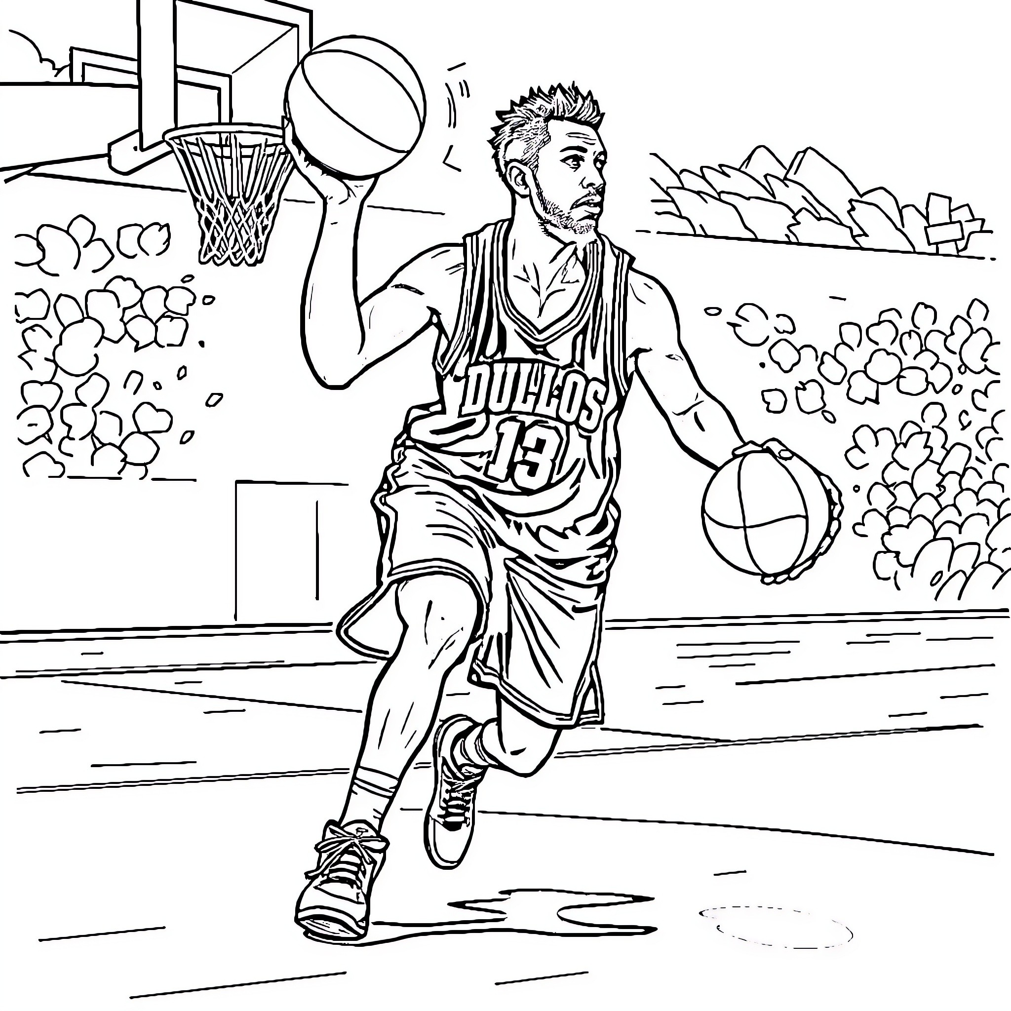 Jey Uso playing basketball on the court Coloring Page (free black-and-white line drawing printable PDF for all, from beginners to advanced learners, including children, teens, adults, and seniors)