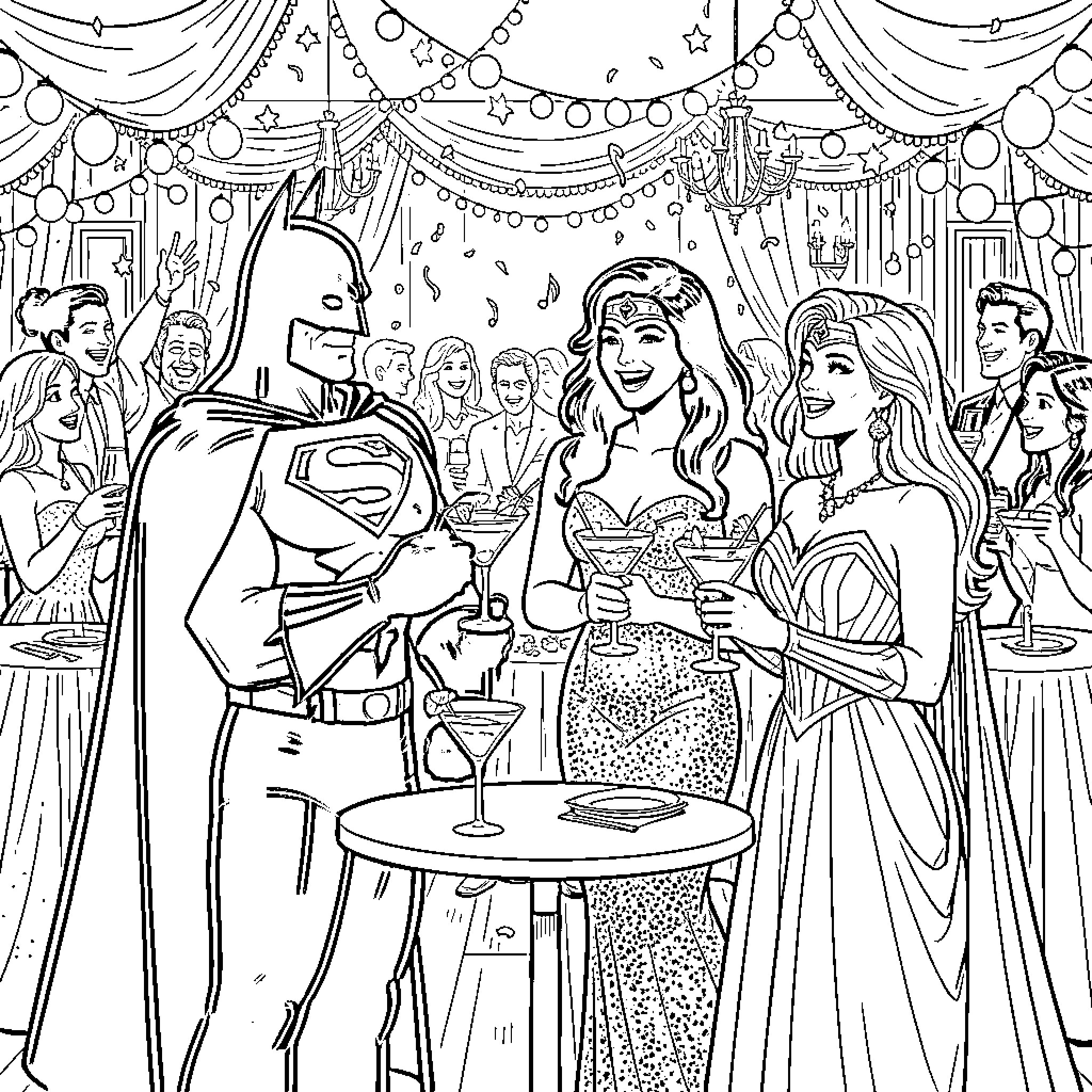 Superhero Couples Celebrate at Glamorous Costume Party Coloring Page (free black-and-white line drawing printable PDF for all, from beginners to advanced learners, including children, teens, adults, and seniors)